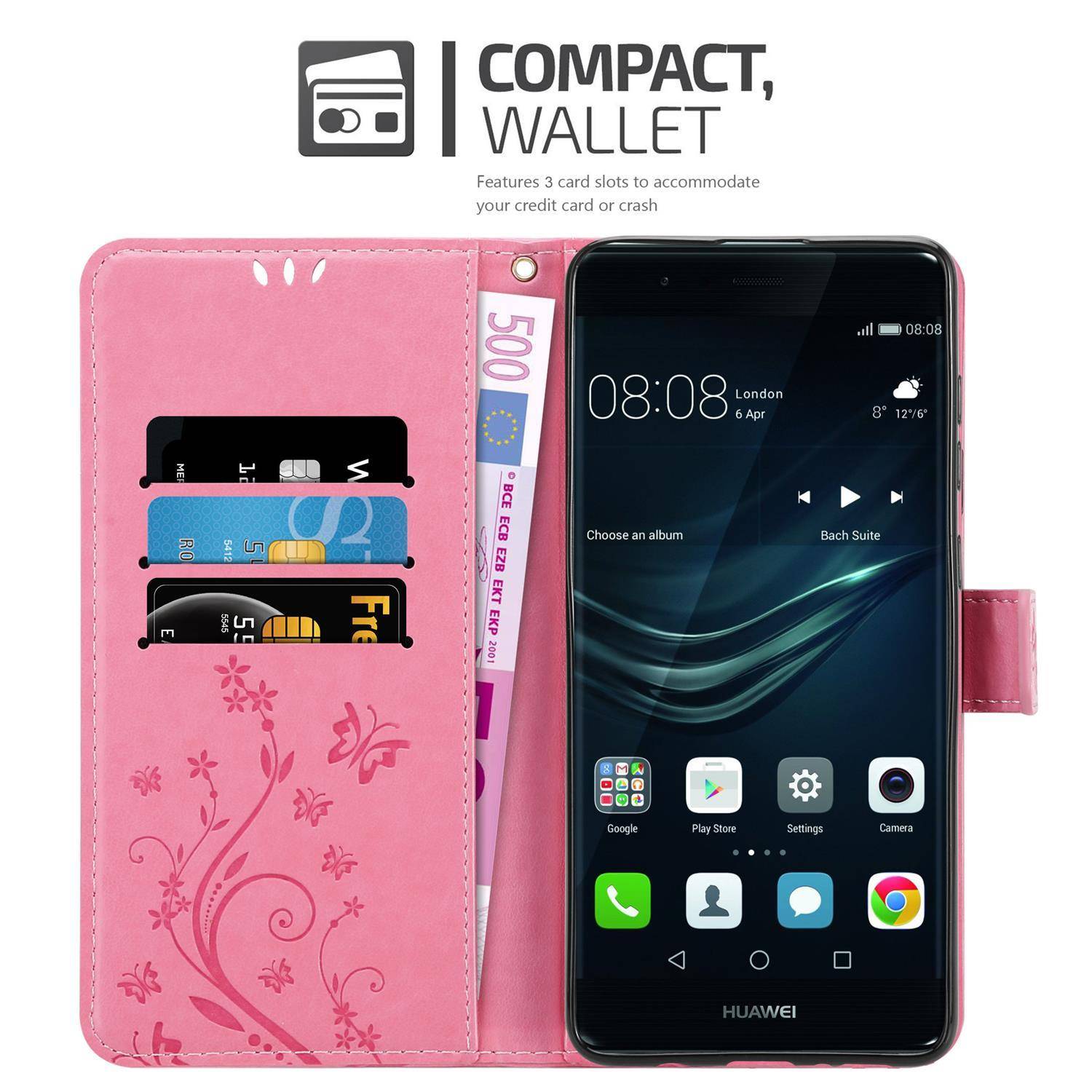 Cadorabo Hülle für Huawei P9 Schutz Hülle in Rosa Schutzhülle Handy Hülle Etui Case Blumen Flower