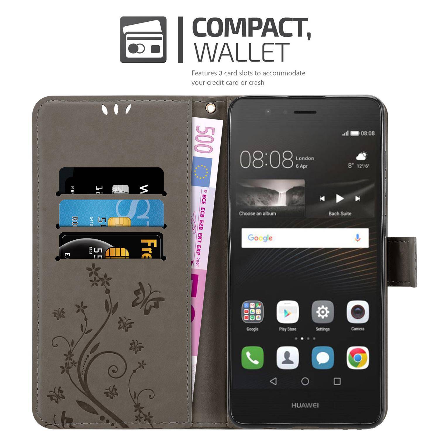 Cadorabo Hülle für Huawei P9 LITE 2016 / G9 LITE Schutz Hülle in Grau Schutzhülle Handy Hülle Etui Case Blumen Flower