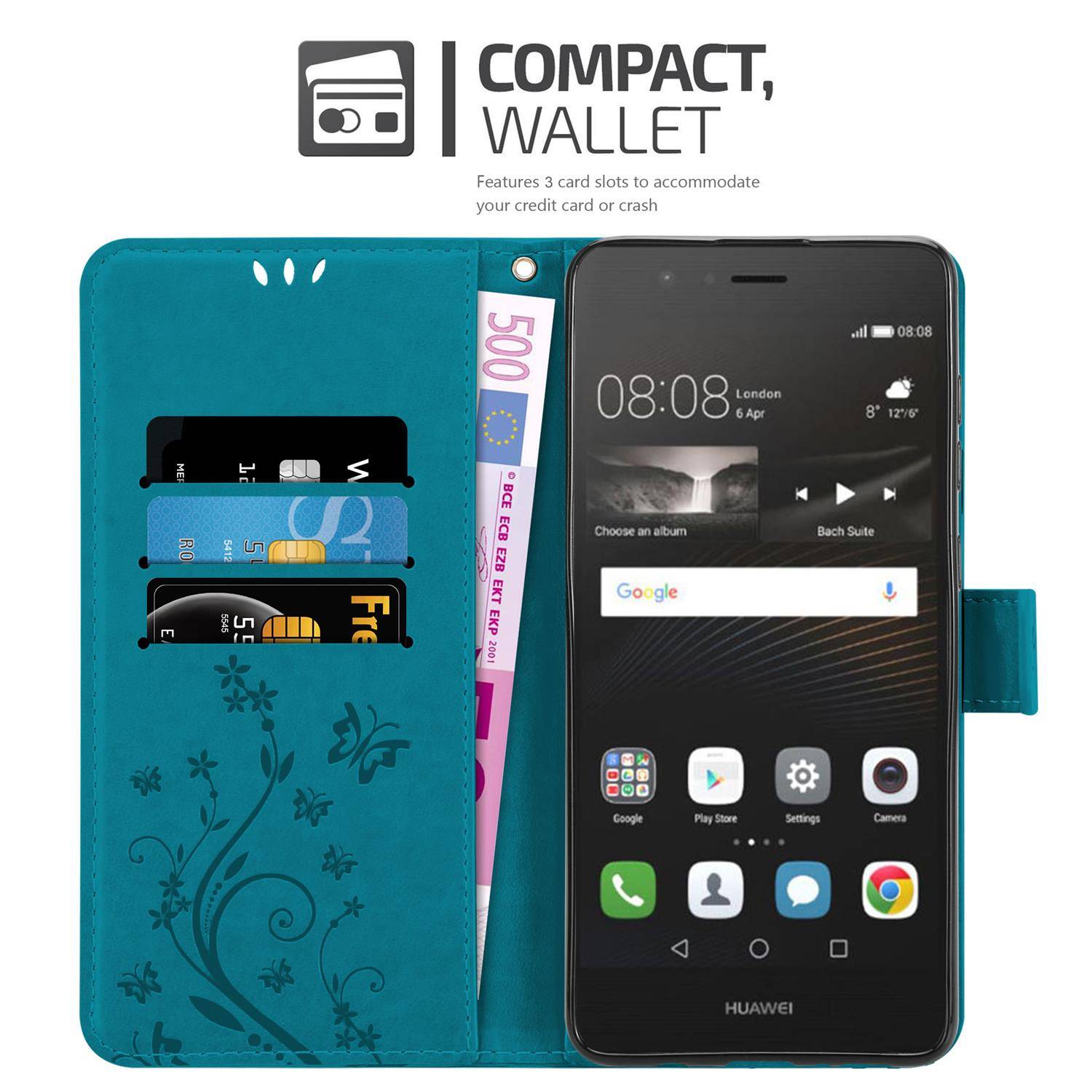 Cadorabo Hülle für Huawei P9 LITE 2016 / G9 LITE Schutz Hülle in Blau Schutzhülle Handy Hülle Etui Case Blumen Flower