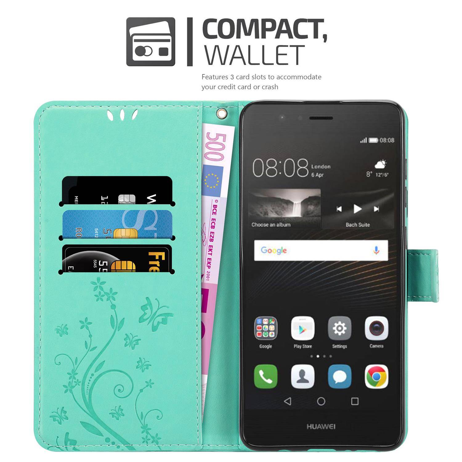 Cadorabo Hülle für Huawei P9 LITE 2016 / G9 LITE Schutz Hülle in Türkis Schutzhülle Handy Hülle Etui Case Blumen Flower