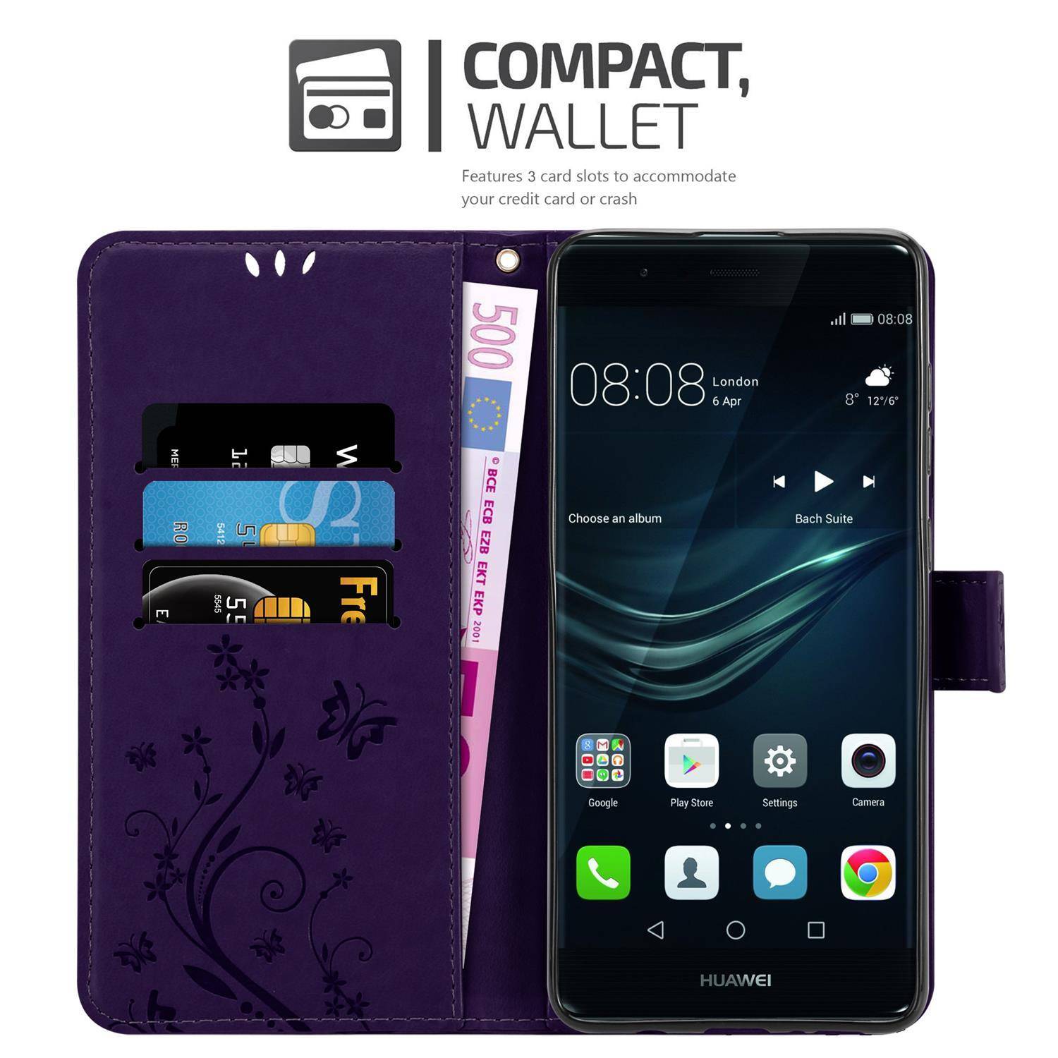 Cadorabo Hülle für Huawei P9 PLUS Schutz Hülle in Lila Schutzhülle Handy Hülle Etui Case Blumen Flower