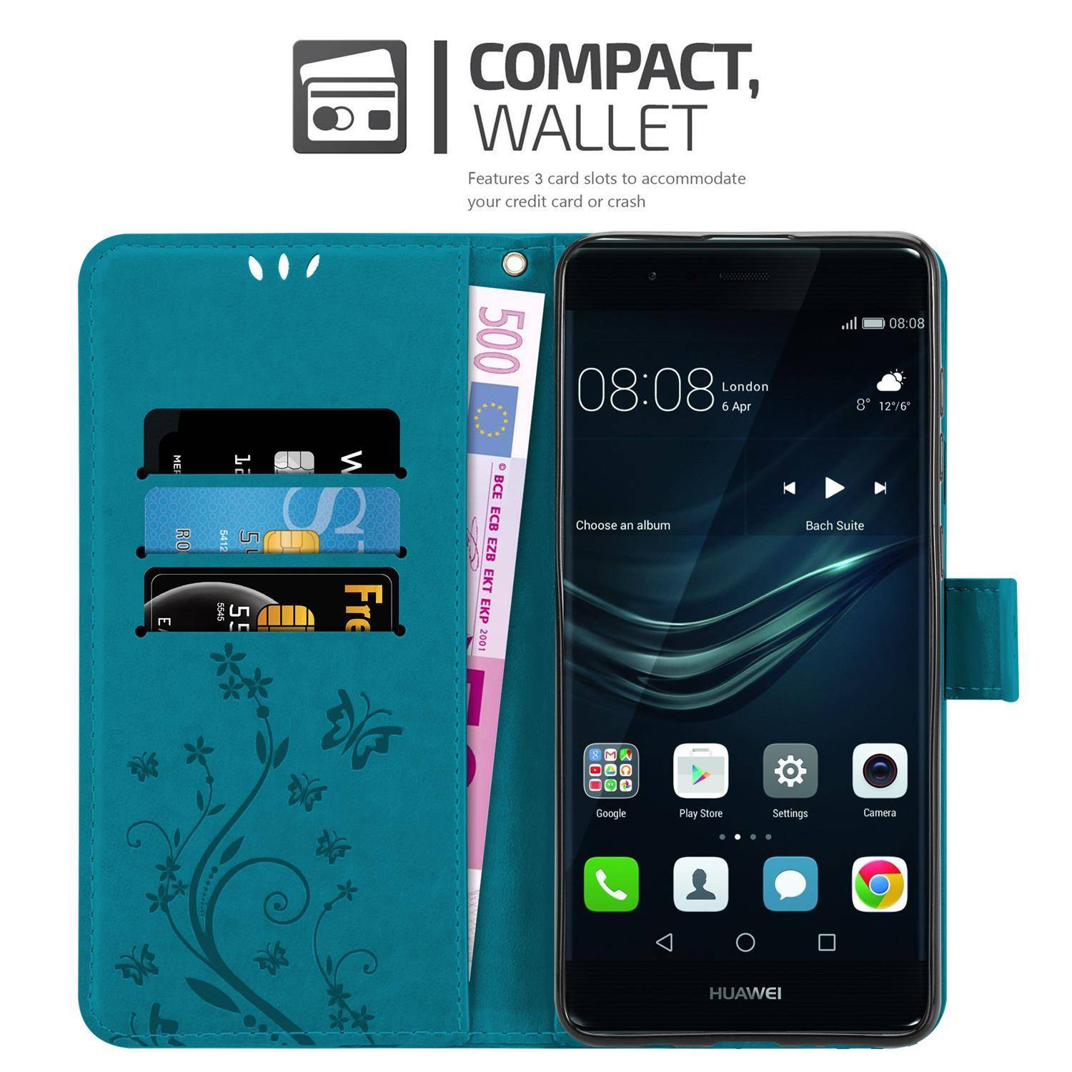 Cadorabo Hülle für Huawei P9 PLUS Schutz Hülle in Blau Schutzhülle Handy Hülle Etui Case Blumen Flower