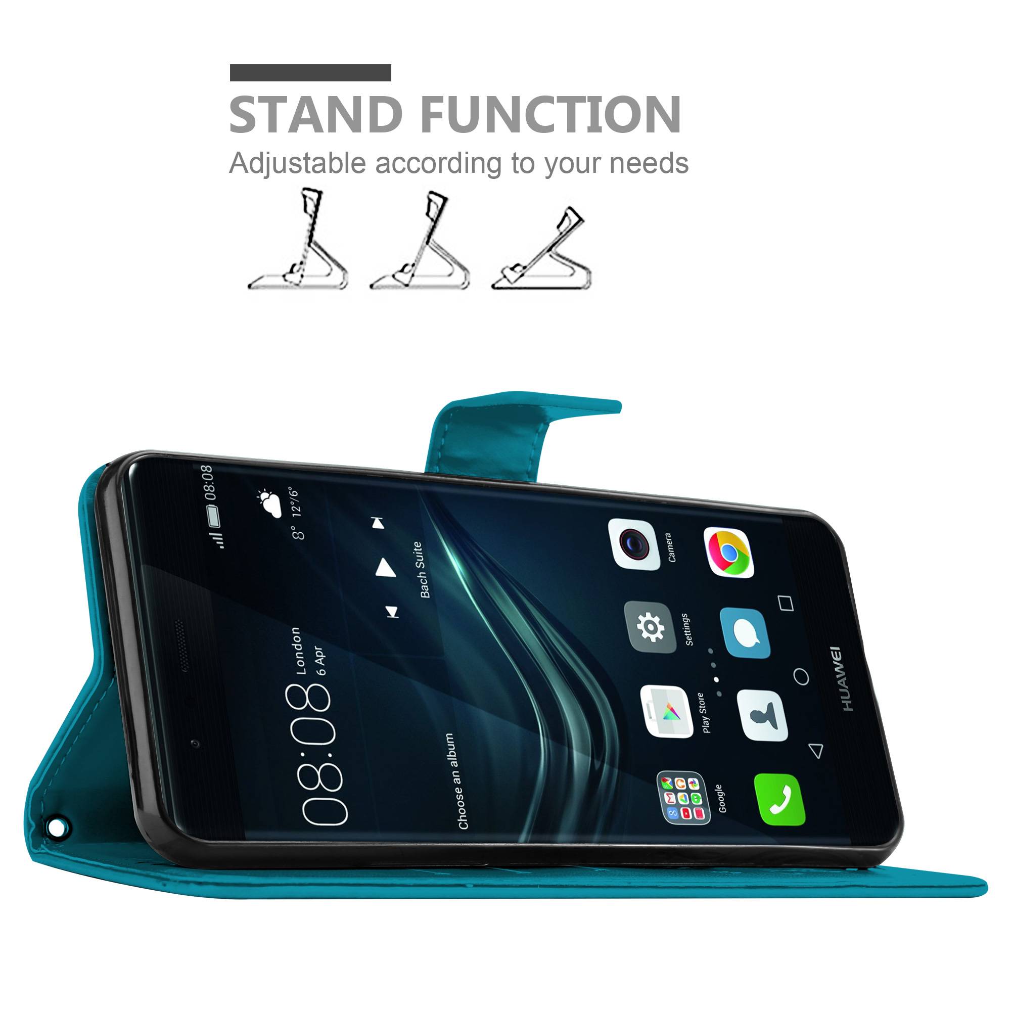 Cadorabo Hülle für Huawei P9 PLUS Schutz Hülle in Blau Schutzhülle Handy Hülle Etui Case Blumen Flower