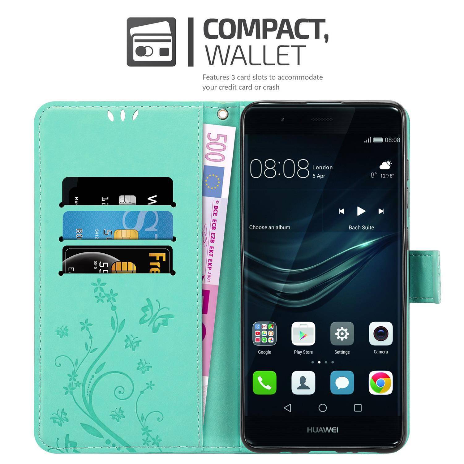 Cadorabo Hülle für Huawei P9 PLUS Schutz Hülle in Türkis Schutzhülle Handy Hülle Etui Case Blumen Flower