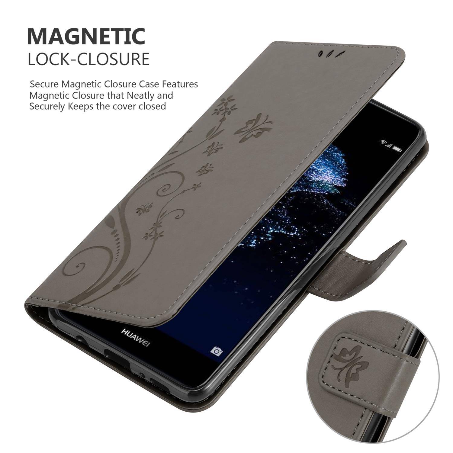 Cadorabo Hülle für Huawei P10 LITE Schutz Hülle in Grau Schutzhülle Handy Hülle Etui Case Blumen Flower