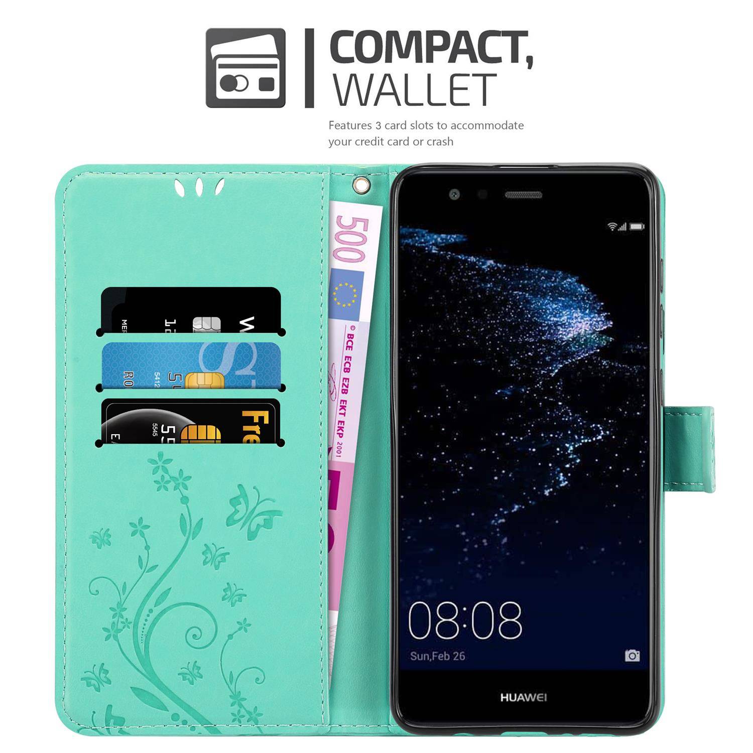 Cadorabo Hülle für Huawei P10 LITE Schutz Hülle in Türkis Schutzhülle Handy Hülle Etui Case Blumen Flower