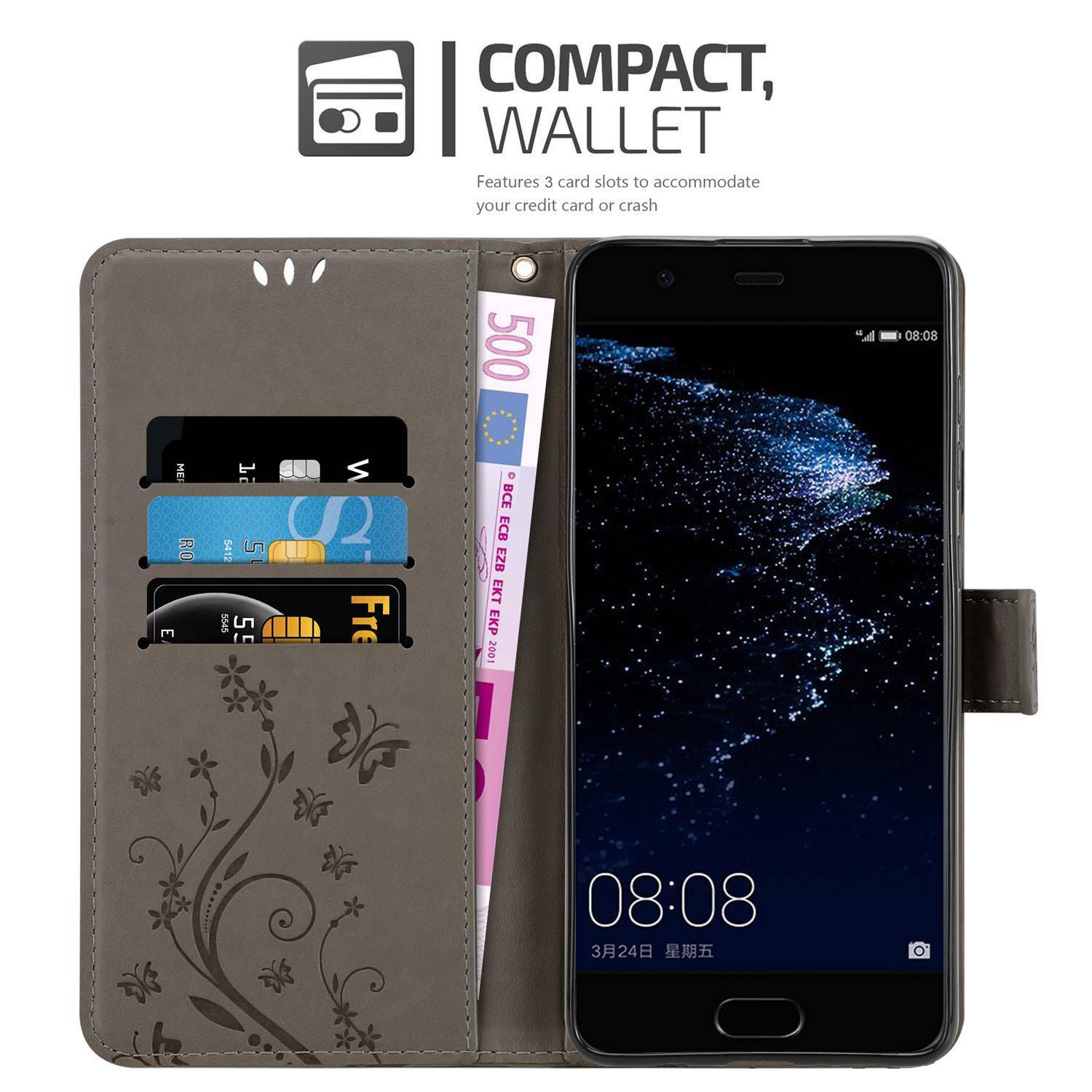 Cadorabo Hülle für Huawei P10 PLUS Schutz Hülle in Grau Schutzhülle Handy Hülle Etui Case Blumen Flower