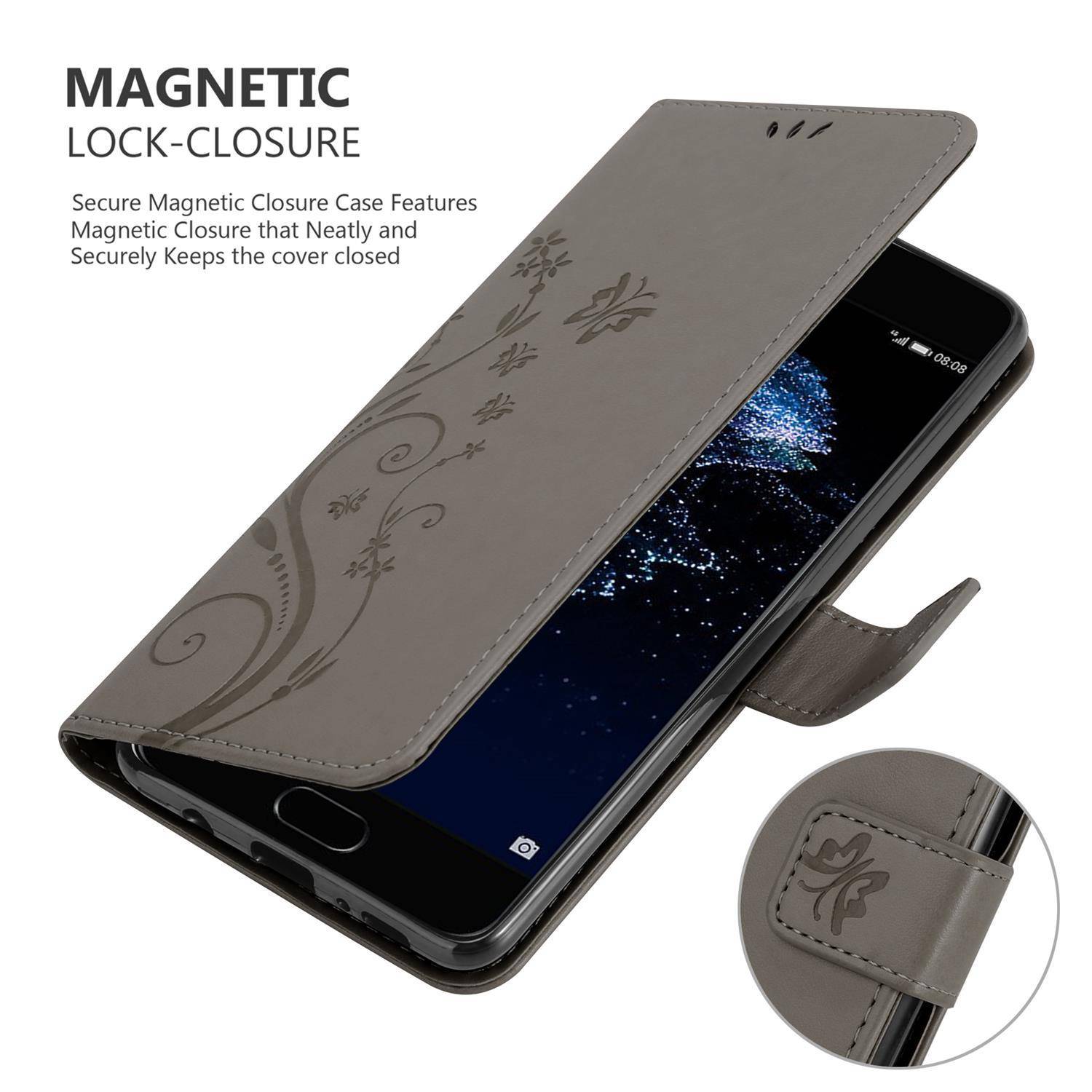 Cadorabo Hülle für Huawei P10 PLUS Schutz Hülle in Grau Schutzhülle Handy Hülle Etui Case Blumen Flower