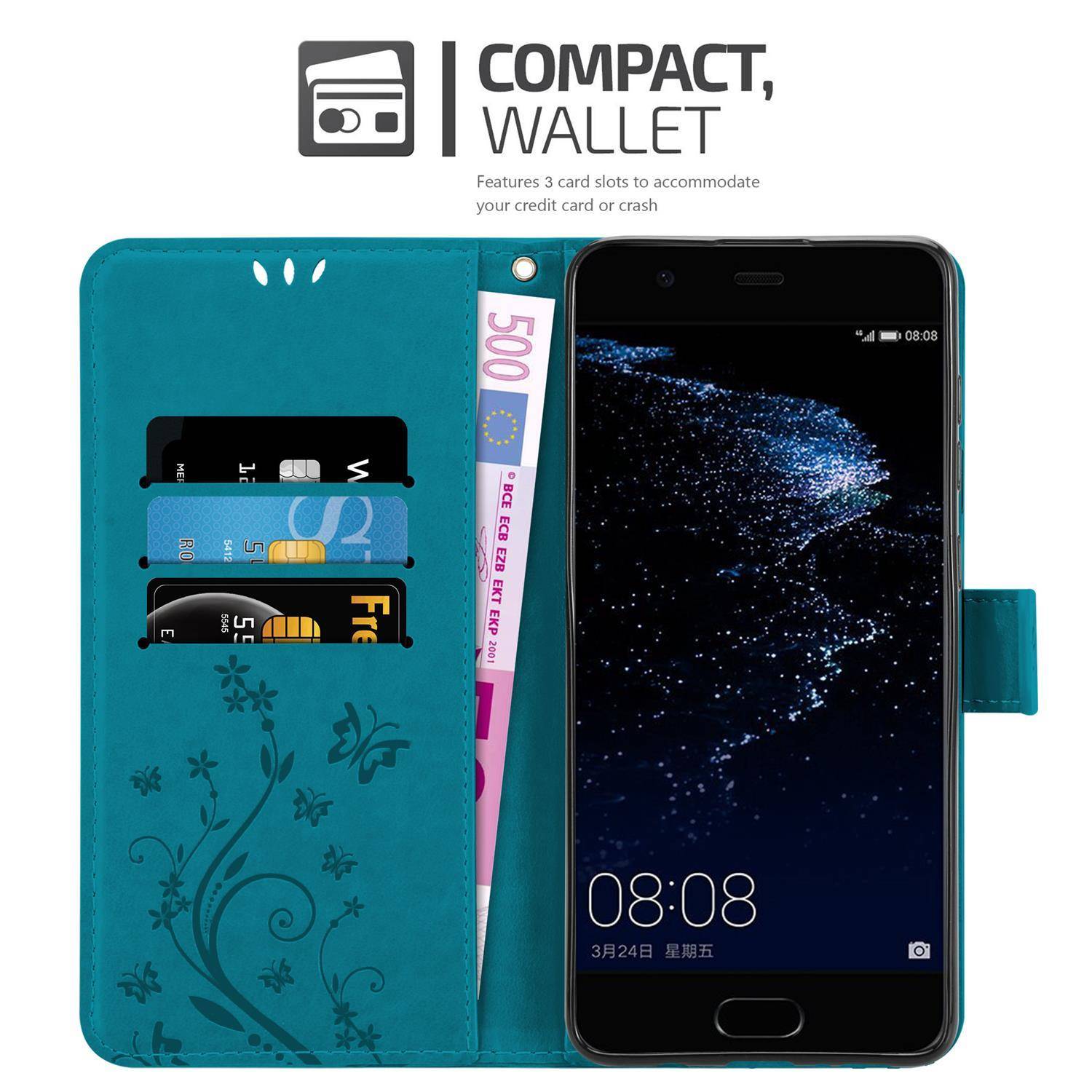 Cadorabo Hülle für Huawei P10 PLUS Schutz Hülle in Blau Schutzhülle Handy Hülle Etui Case Blumen Flower