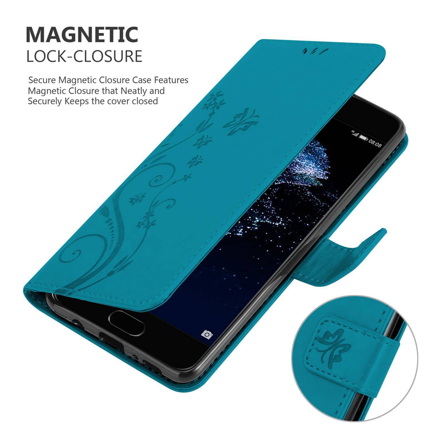 Cadorabo Hülle für Huawei P10 PLUS Schutz Hülle in Blau Schutzhülle Handy Hülle Etui Case Blumen Flower