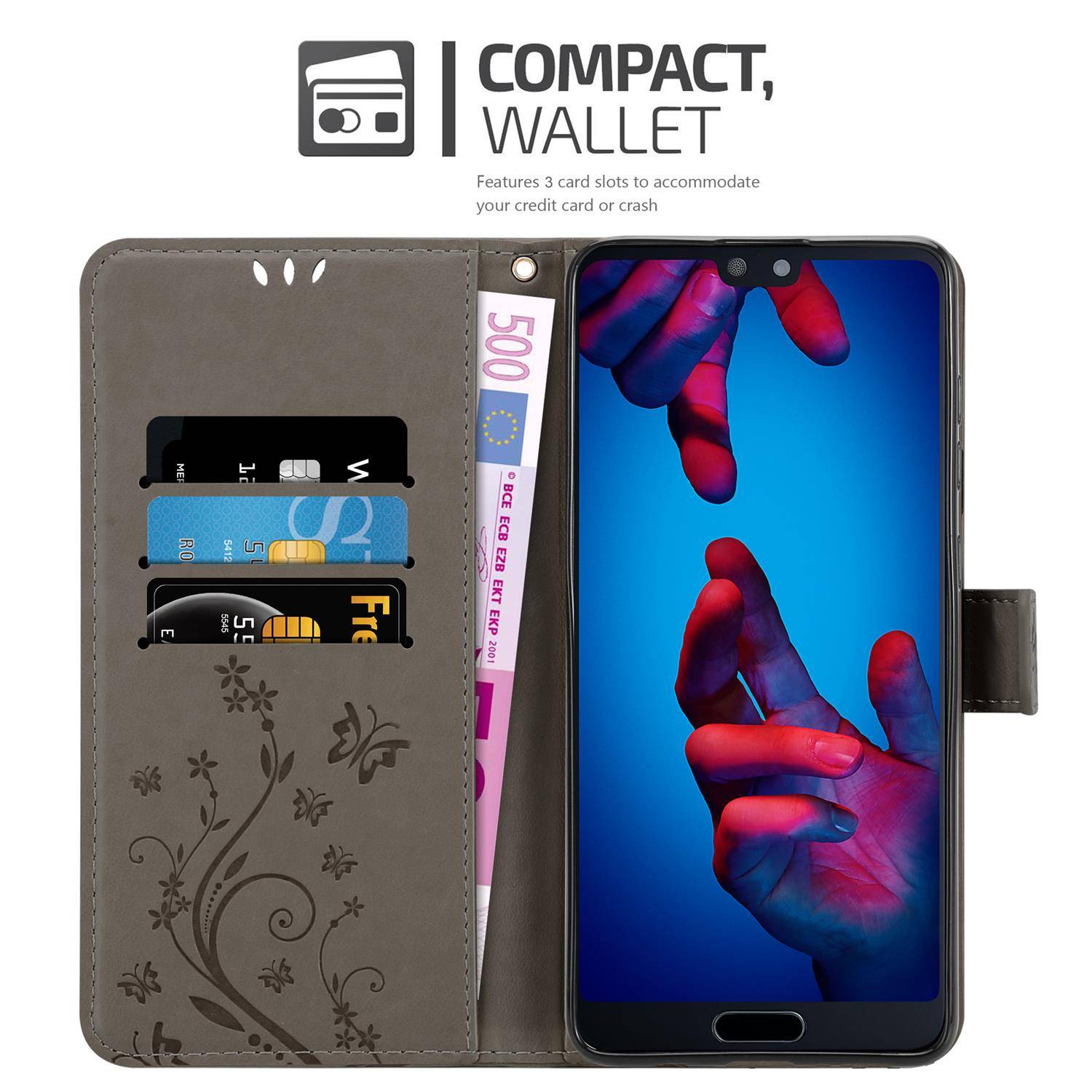 Cadorabo Hülle für Huawei P20 Schutz Hülle in Grau Schutzhülle Handy Hülle Etui Case Blumen Flower