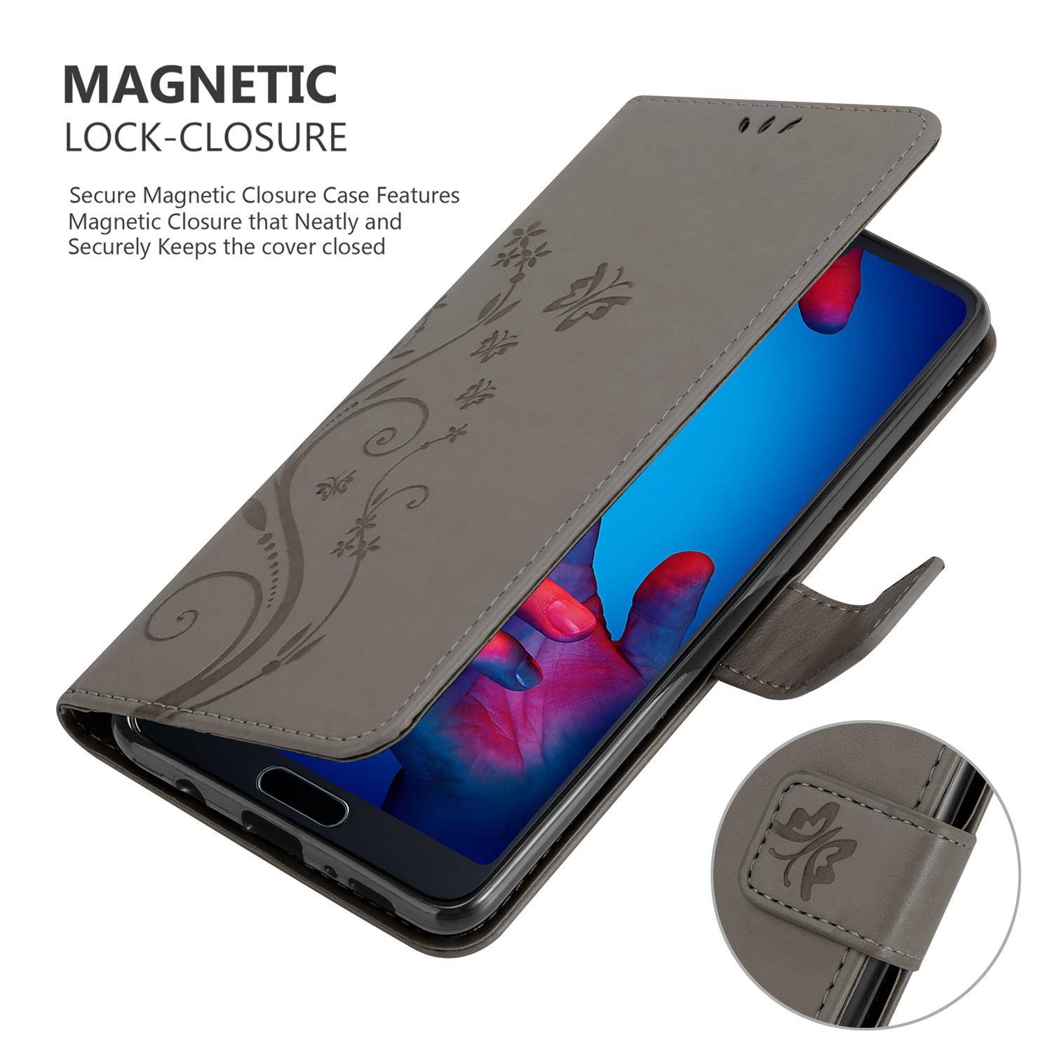 Cadorabo Hülle für Huawei P20 Schutz Hülle in Grau Schutzhülle Handy Hülle Etui Case Blumen Flower