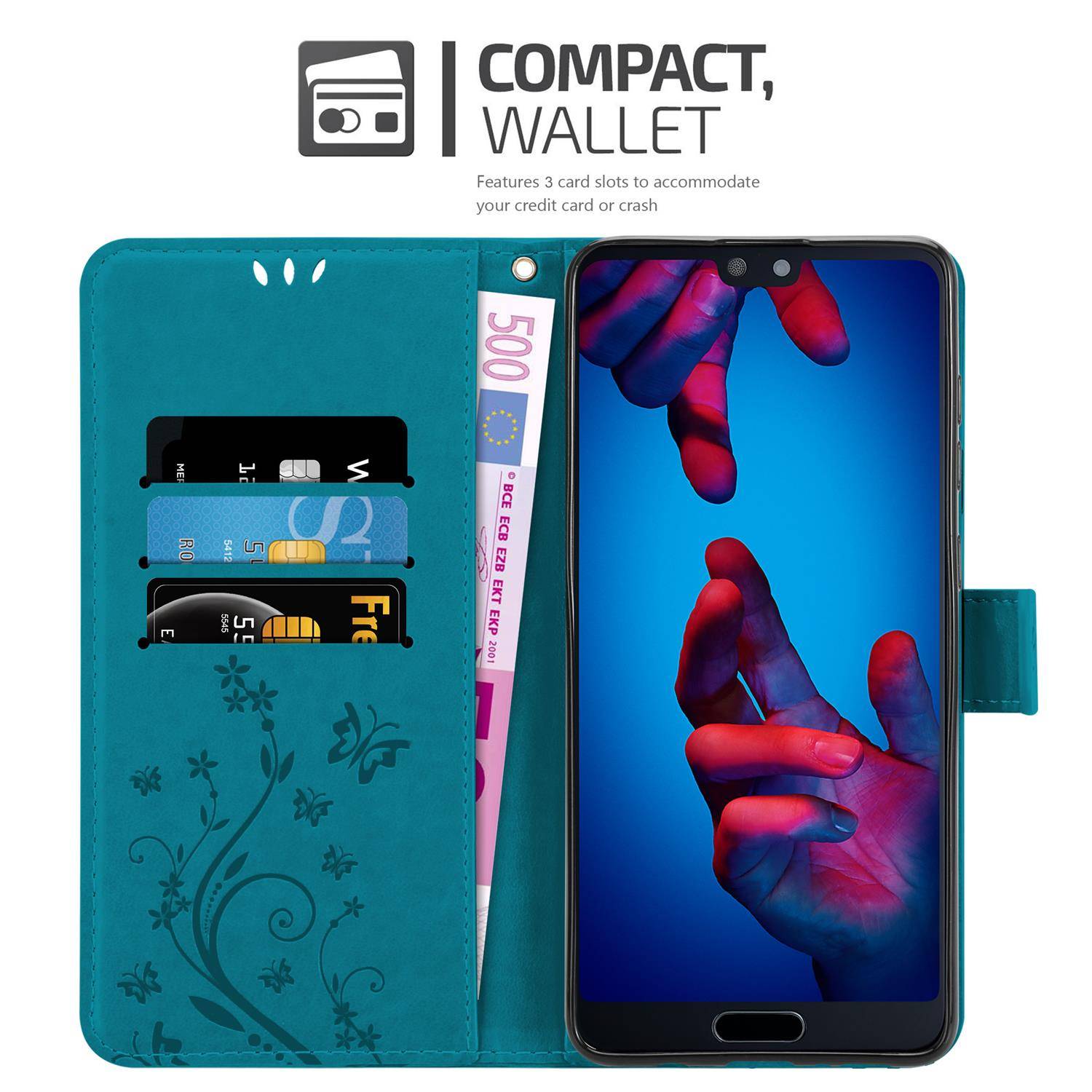 Cadorabo Hülle für Huawei P20 Schutz Hülle in Blau Schutzhülle Handy Hülle Etui Case Blumen Flower