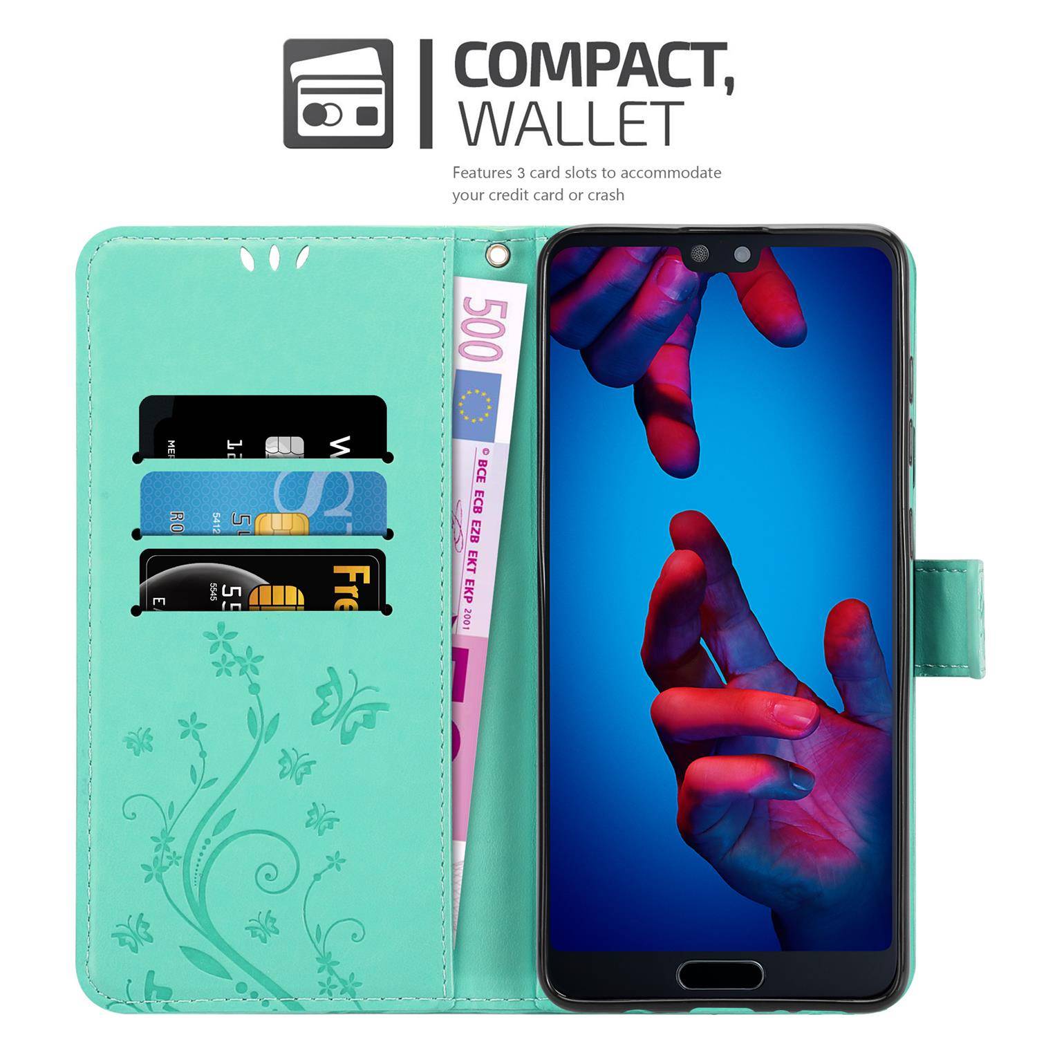 Cadorabo Hülle für Huawei P20 Schutz Hülle in Türkis Schutzhülle Handy Hülle Etui Case Blumen Flower
