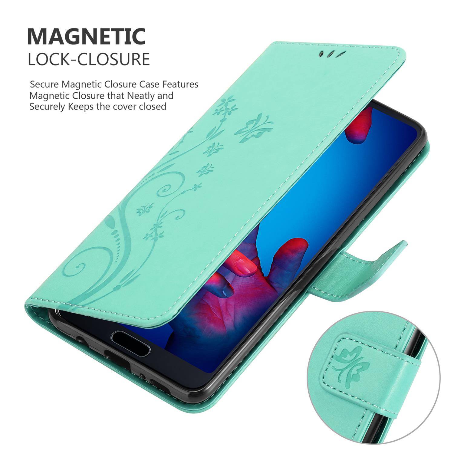 Cadorabo Hülle für Huawei P20 Schutz Hülle in Türkis Schutzhülle Handy Hülle Etui Case Blumen Flower
