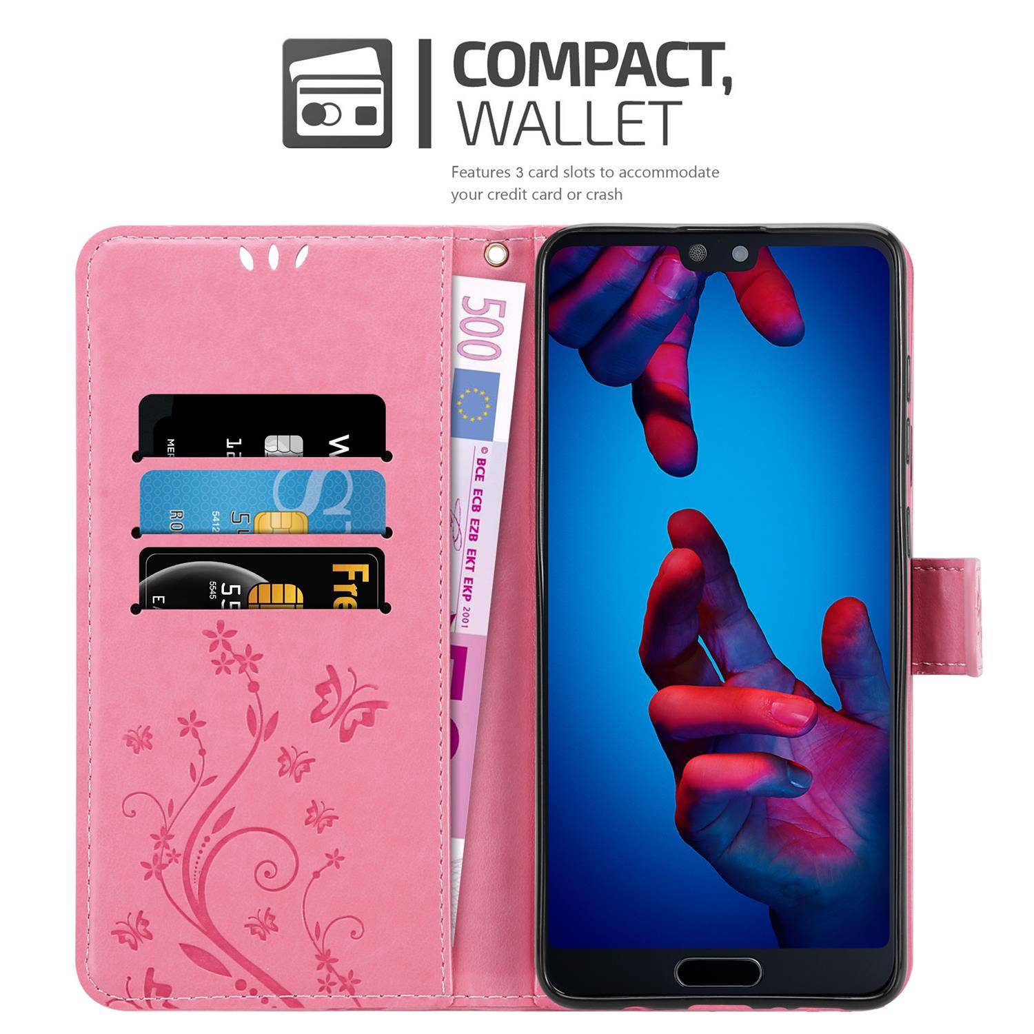 Cadorabo Hülle für Huawei P20 Schutz Hülle in Rosa Schutzhülle Handy Hülle Etui Case Blumen Flower