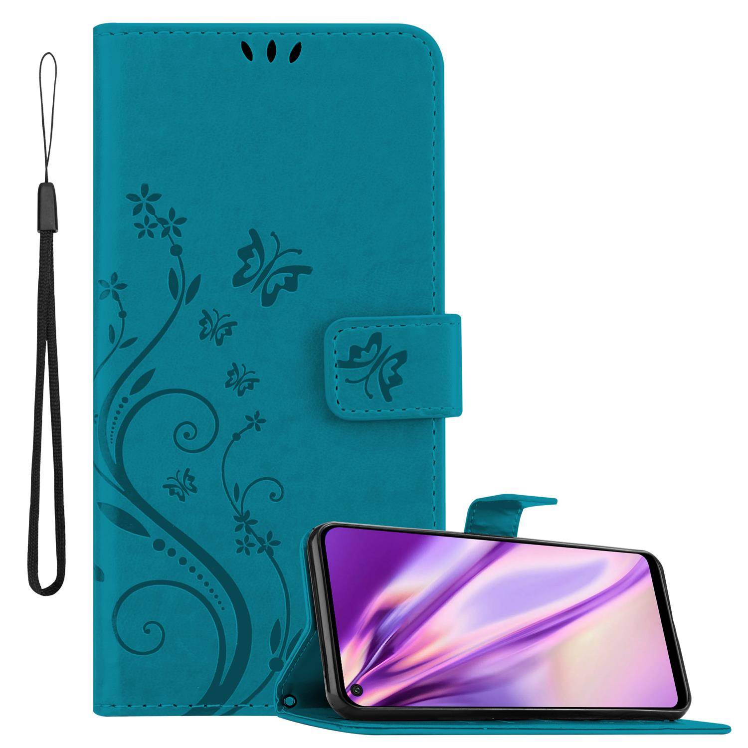 Cadorabo Hülle für Huawei P40 LITE E Schutz Hülle in Blau Schutzhülle Handy Hülle Etui Case Blumen Flower