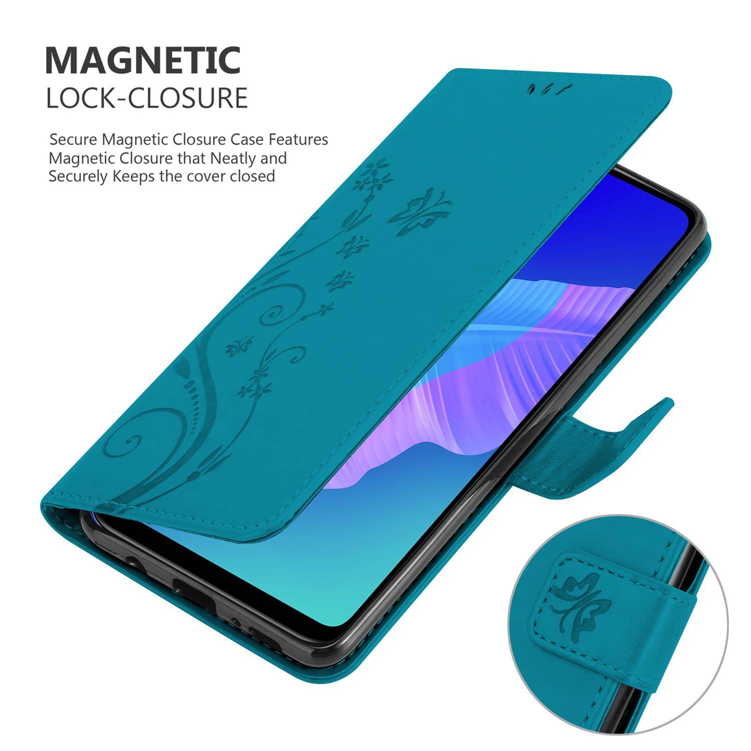 Cadorabo Hülle für Huawei P40 LITE E Schutz Hülle in Blau Schutzhülle Handy Hülle Etui Case Blumen Flower