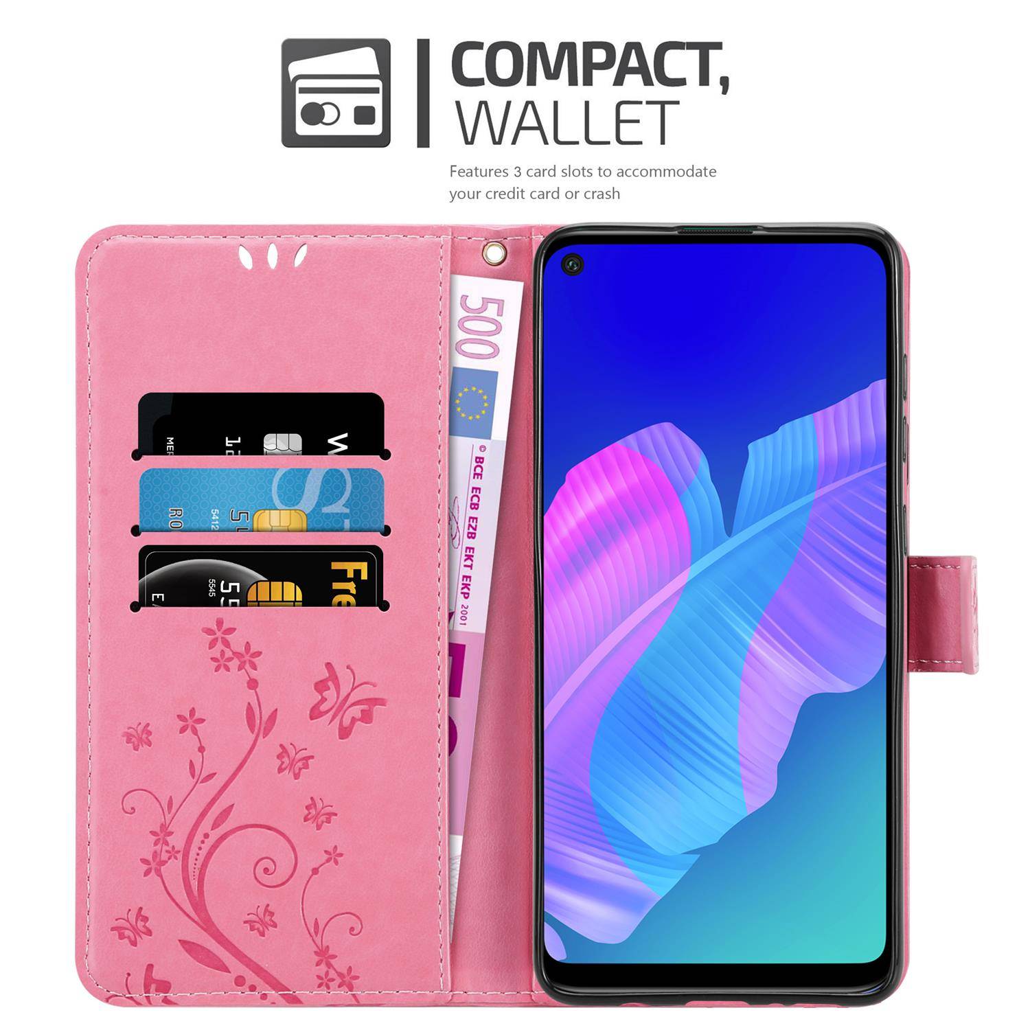 Cadorabo Hülle für Huawei P40 LITE E Schutz Hülle in Rosa Schutzhülle Handy Hülle Etui Case Blumen Flower