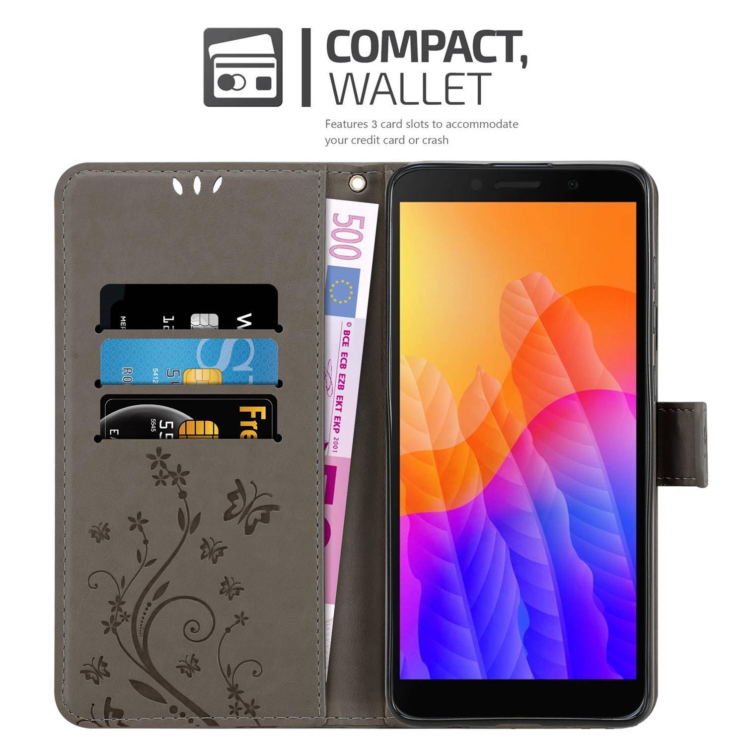 Cadorabo Hülle für Honor 9S / Huawei Y5P Schutz Hülle in Grau Schutzhülle Handy Hülle Etui Case Blumen Flower