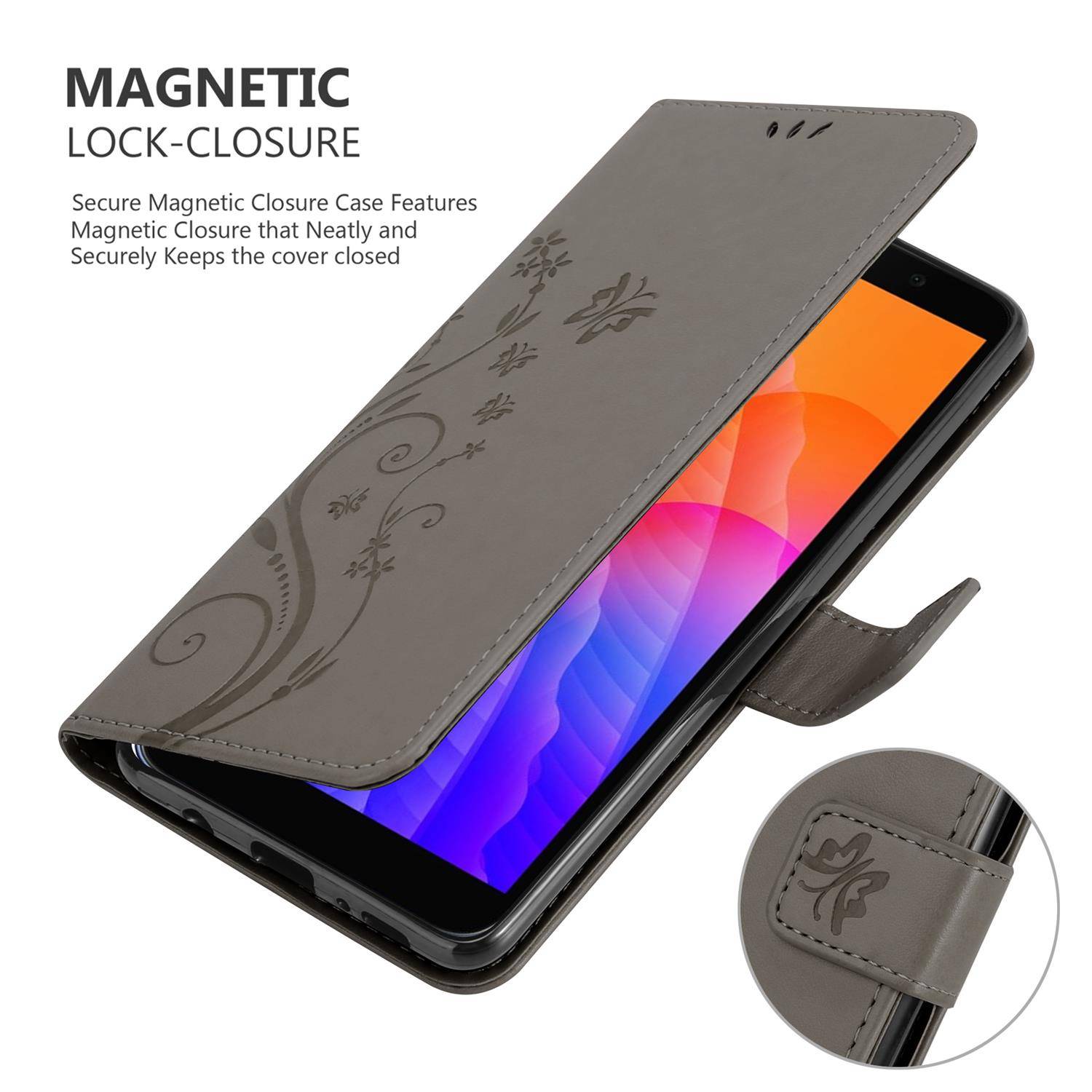 Cadorabo Hülle für Honor 9S / Huawei Y5P Schutz Hülle in Grau Schutzhülle Handy Hülle Etui Case Blumen Flower