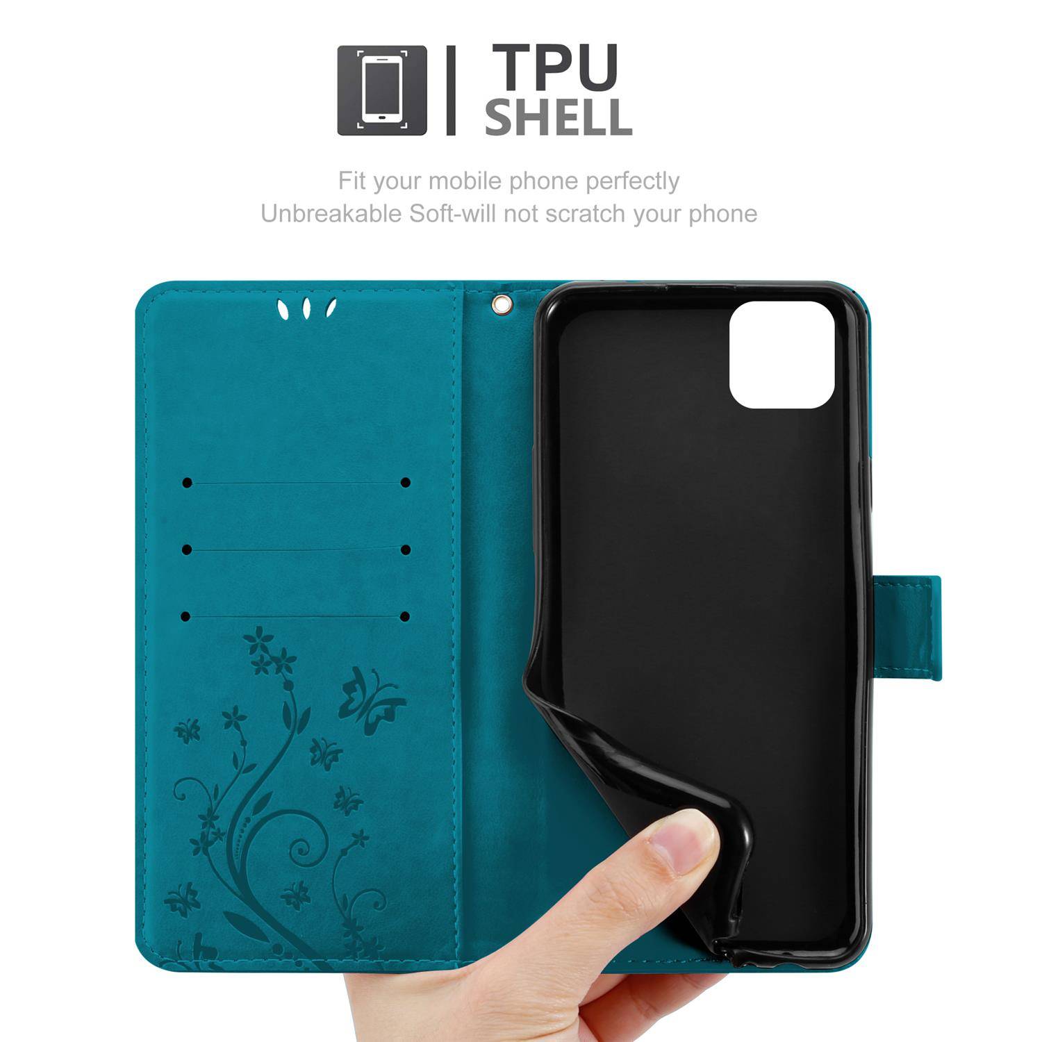 Cadorabo Hülle für Honor 9S / Huawei Y5P Schutz Hülle in Blau Schutzhülle Handy Hülle Etui Case Blumen Flower