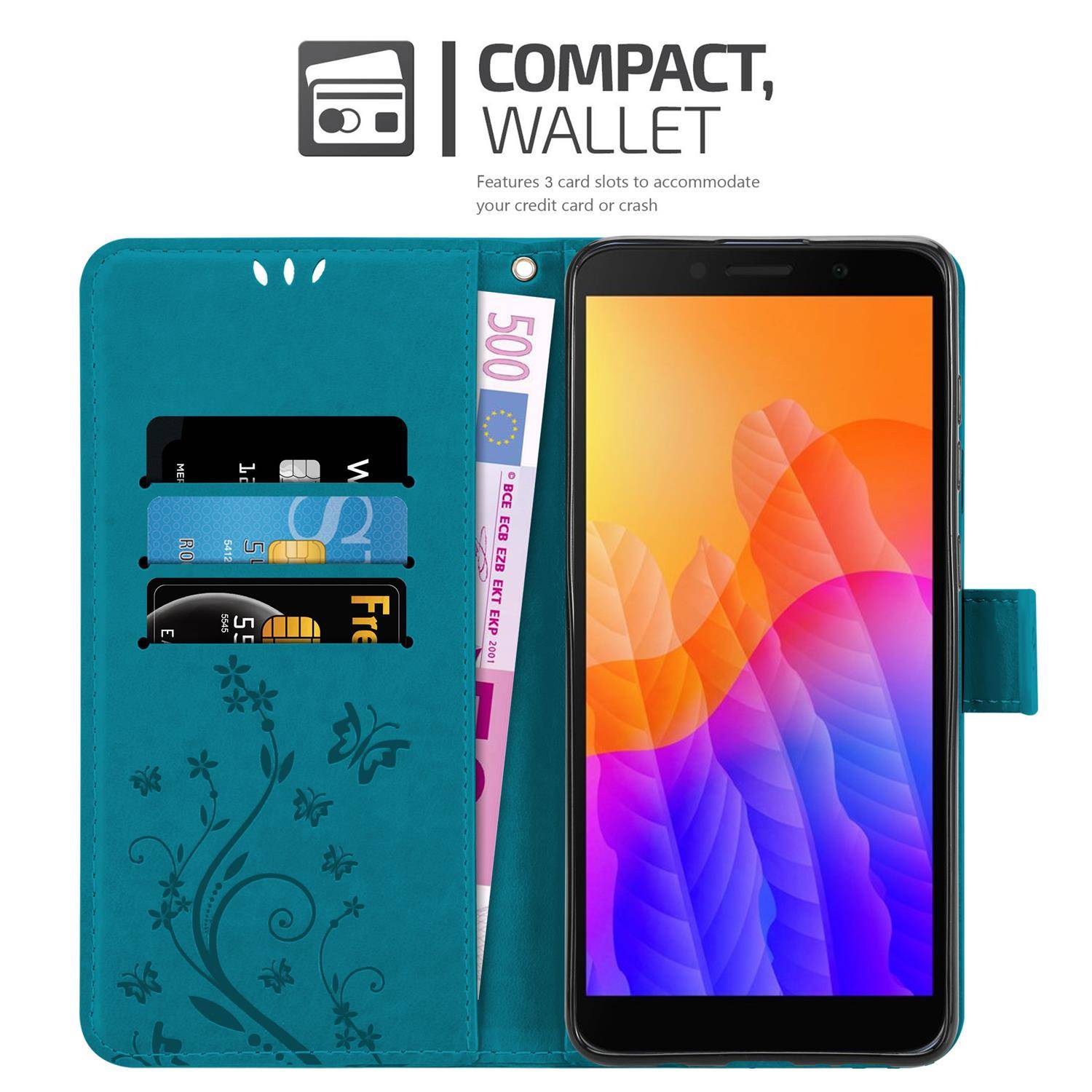 Cadorabo Hülle für Honor 9S / Huawei Y5P Schutz Hülle in Blau Schutzhülle Handy Hülle Etui Case Blumen Flower