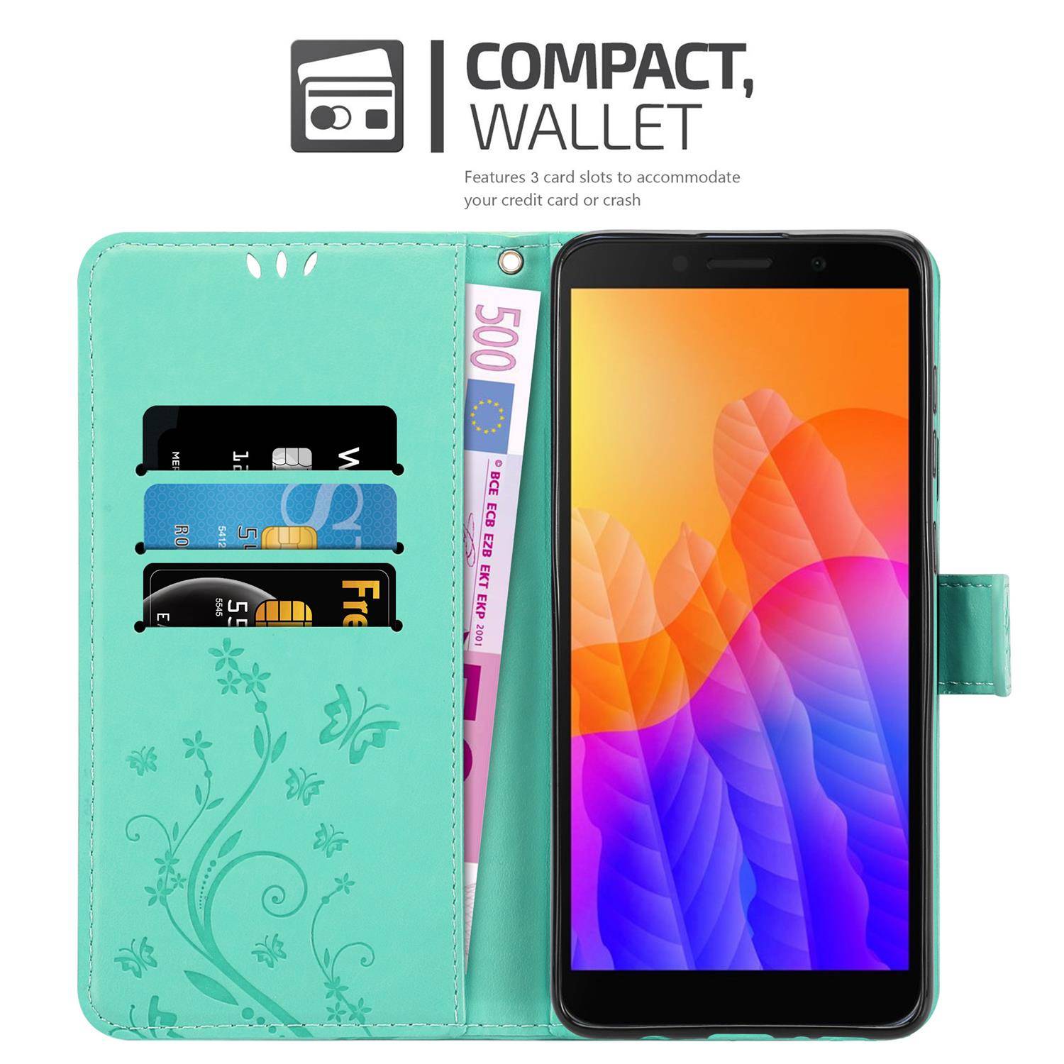 Cadorabo Hülle für Honor 9S / Huawei Y5P Schutz Hülle in Türkis Schutzhülle Handy Hülle Etui Case Blumen Flower
