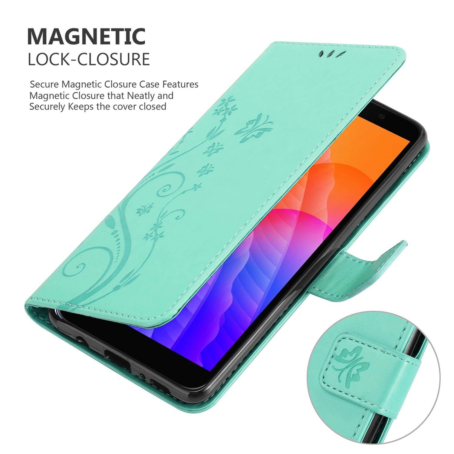 Cadorabo Hülle für Honor 9S / Huawei Y5P Schutz Hülle in Türkis Schutzhülle Handy Hülle Etui Case Blumen Flower