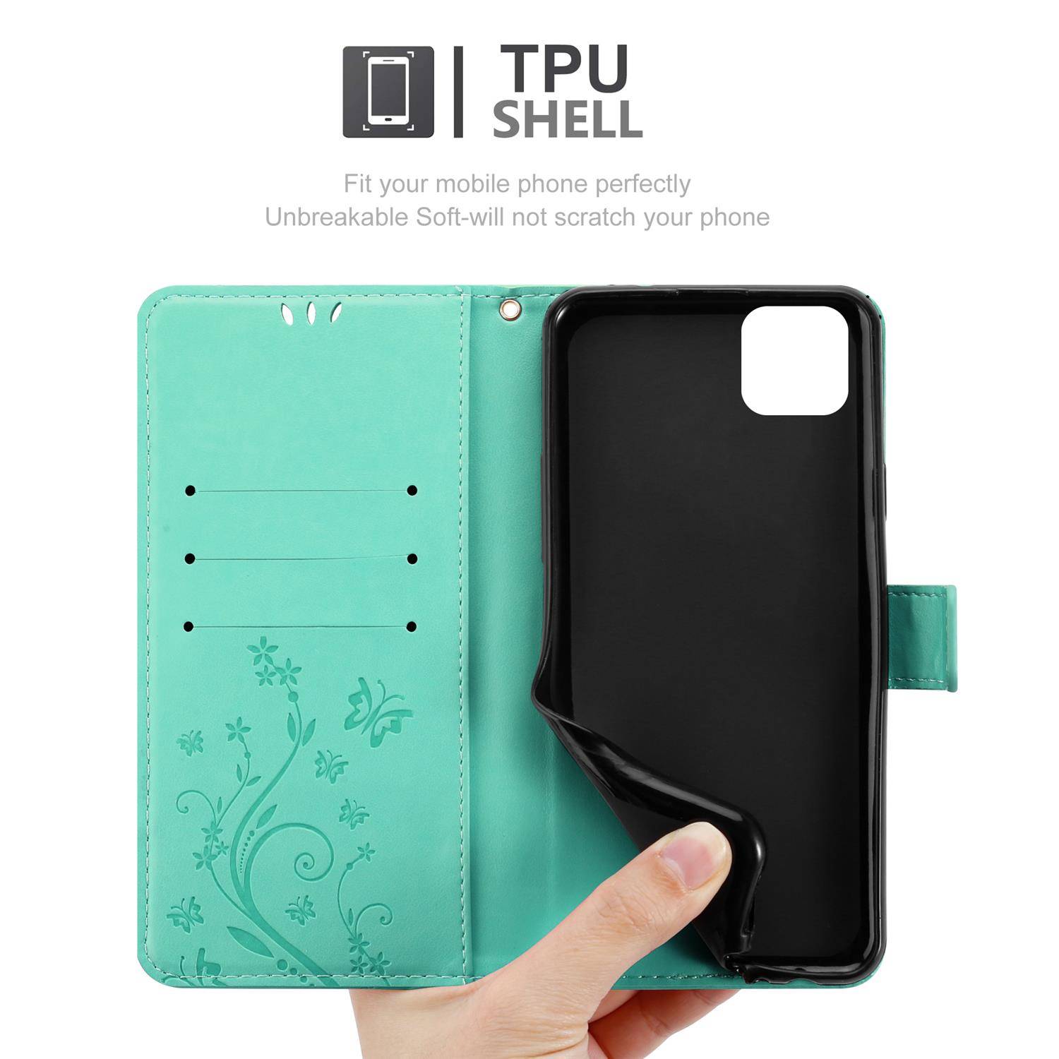 Cadorabo Hülle für Honor 9S / Huawei Y5P Schutz Hülle in Türkis Schutzhülle Handy Hülle Etui Case Blumen Flower