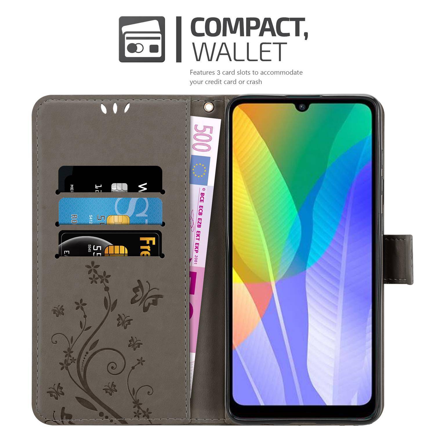 Cadorabo Hülle für Huawei Y6P Schutz Hülle in Grau Schutzhülle Handy Hülle Etui Case Blumen Flower