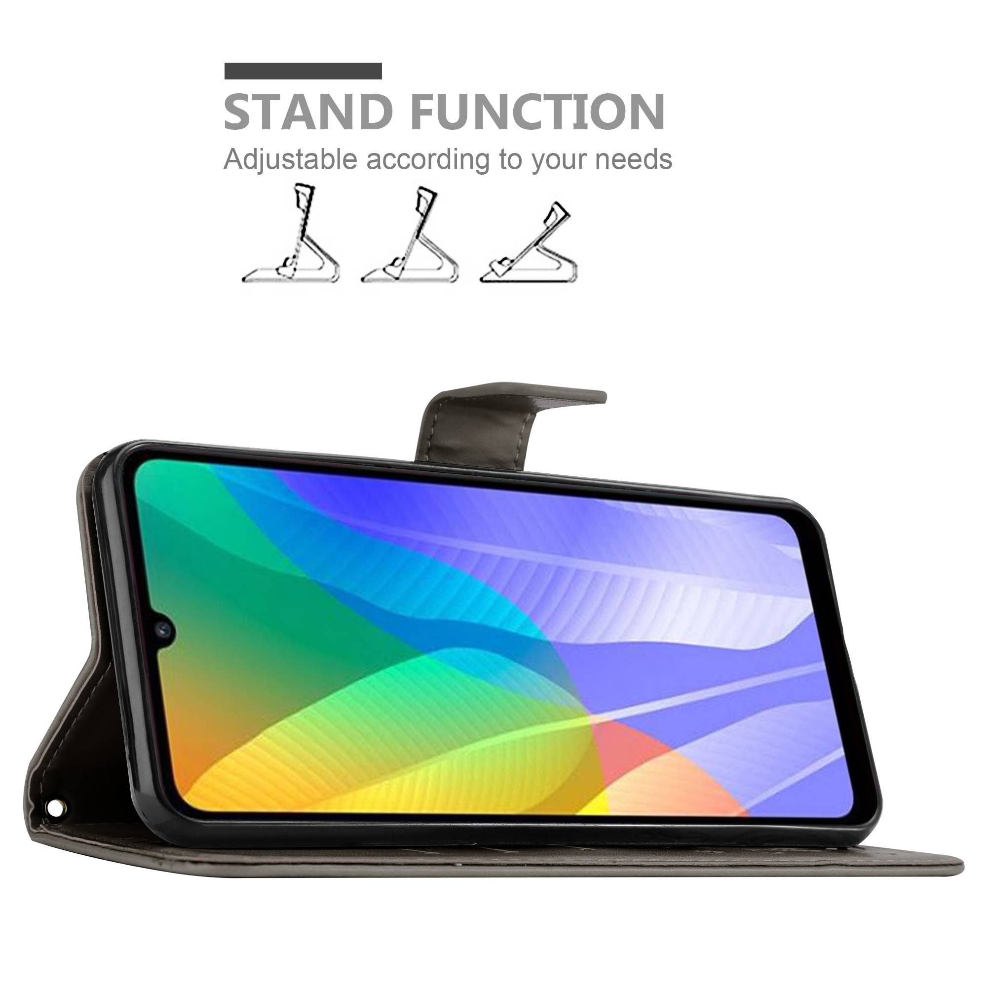 Cadorabo Hülle für Huawei Y6P Schutz Hülle in Grau Schutzhülle Handy Hülle Etui Case Blumen Flower