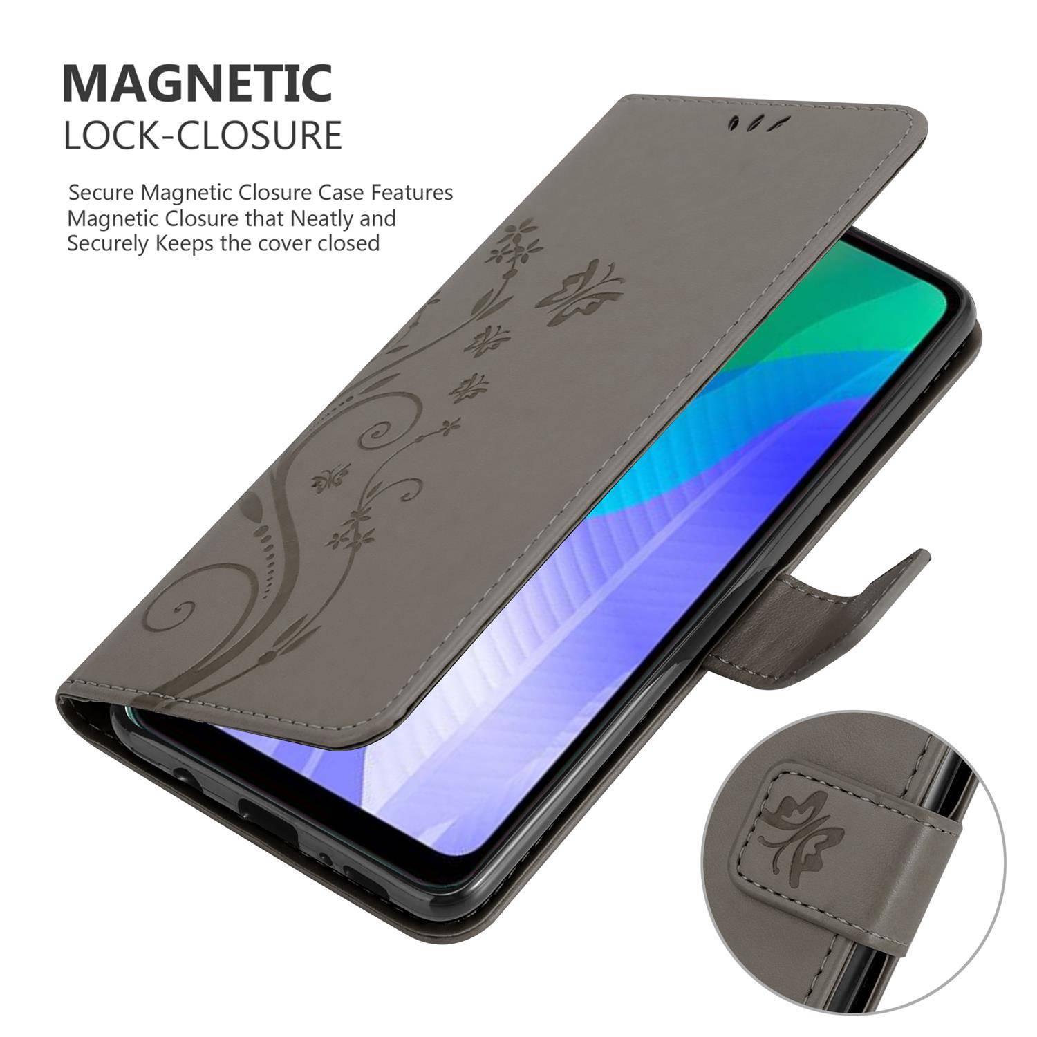 Cadorabo Hülle für Huawei Y6P Schutz Hülle in Grau Schutzhülle Handy Hülle Etui Case Blumen Flower