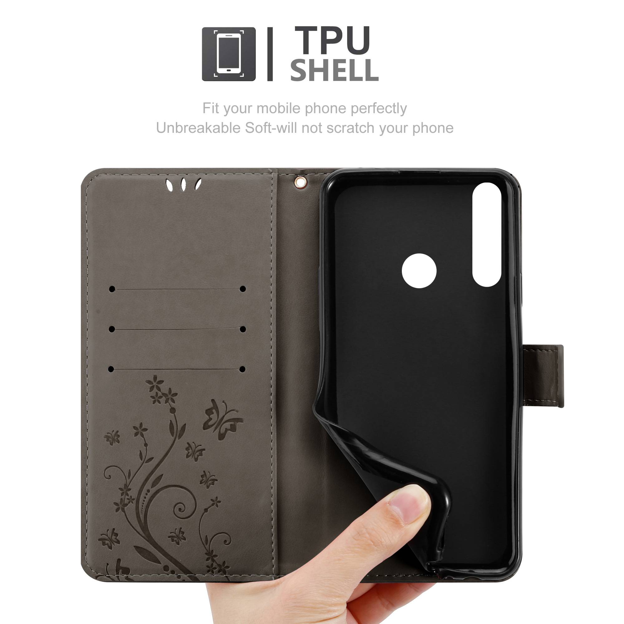 Cadorabo Hülle für Huawei Y6P Schutz Hülle in Grau Schutzhülle Handy Hülle Etui Case Blumen Flower