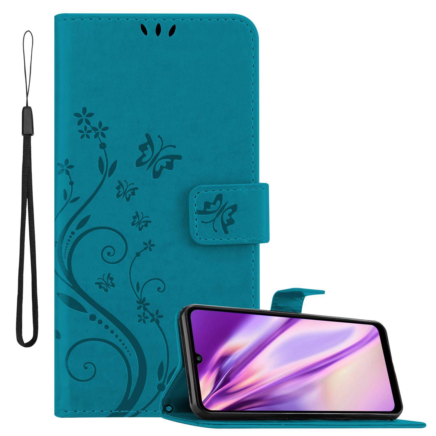 Cadorabo Hülle für Huawei Y6P Schutz Hülle in Blau Schutzhülle Handy Hülle Etui Case Blumen Flower
