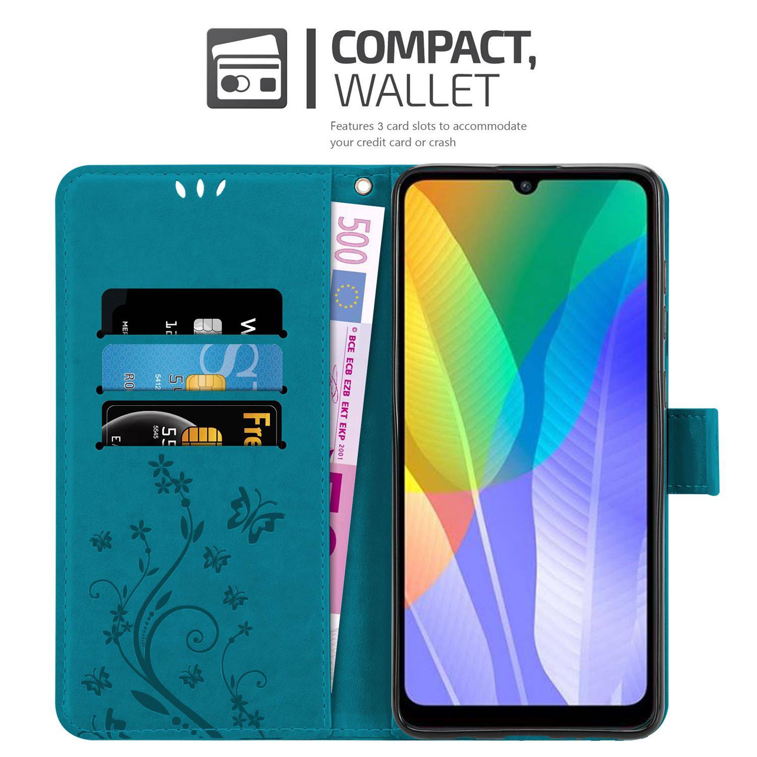 Cadorabo Hülle für Huawei Y6P Schutz Hülle in Blau Schutzhülle Handy Hülle Etui Case Blumen Flower