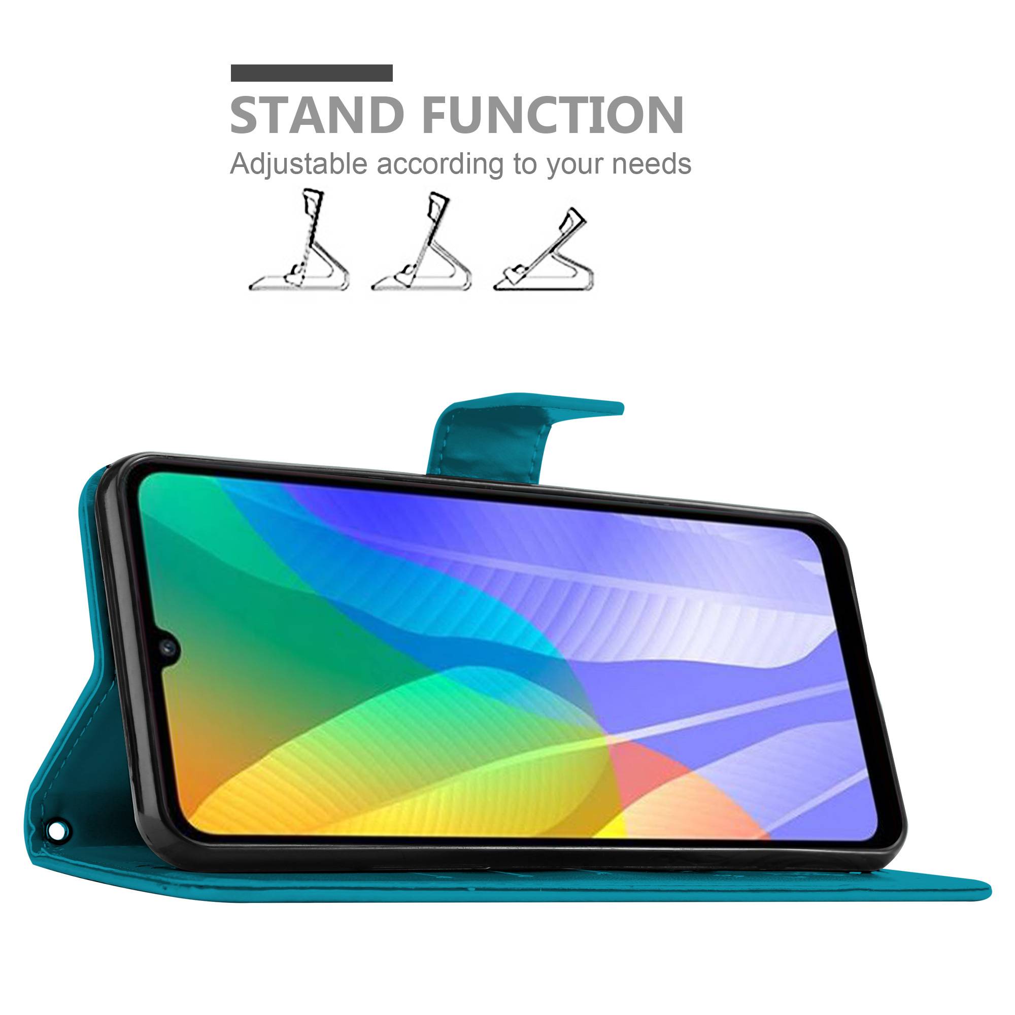 Cadorabo Hülle für Huawei Y6P Schutz Hülle in Blau Schutzhülle Handy Hülle Etui Case Blumen Flower