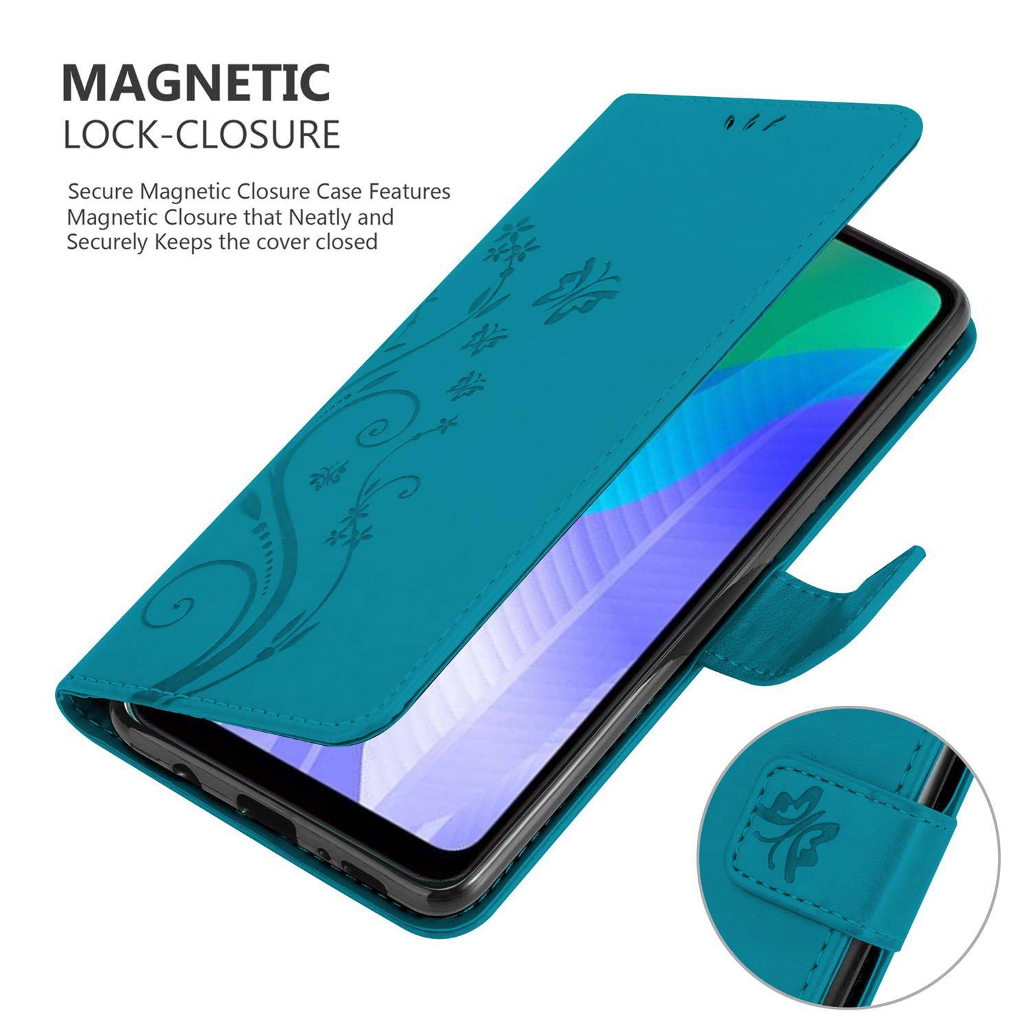 Cadorabo Hülle für Huawei Y6P Schutz Hülle in Blau Schutzhülle Handy Hülle Etui Case Blumen Flower