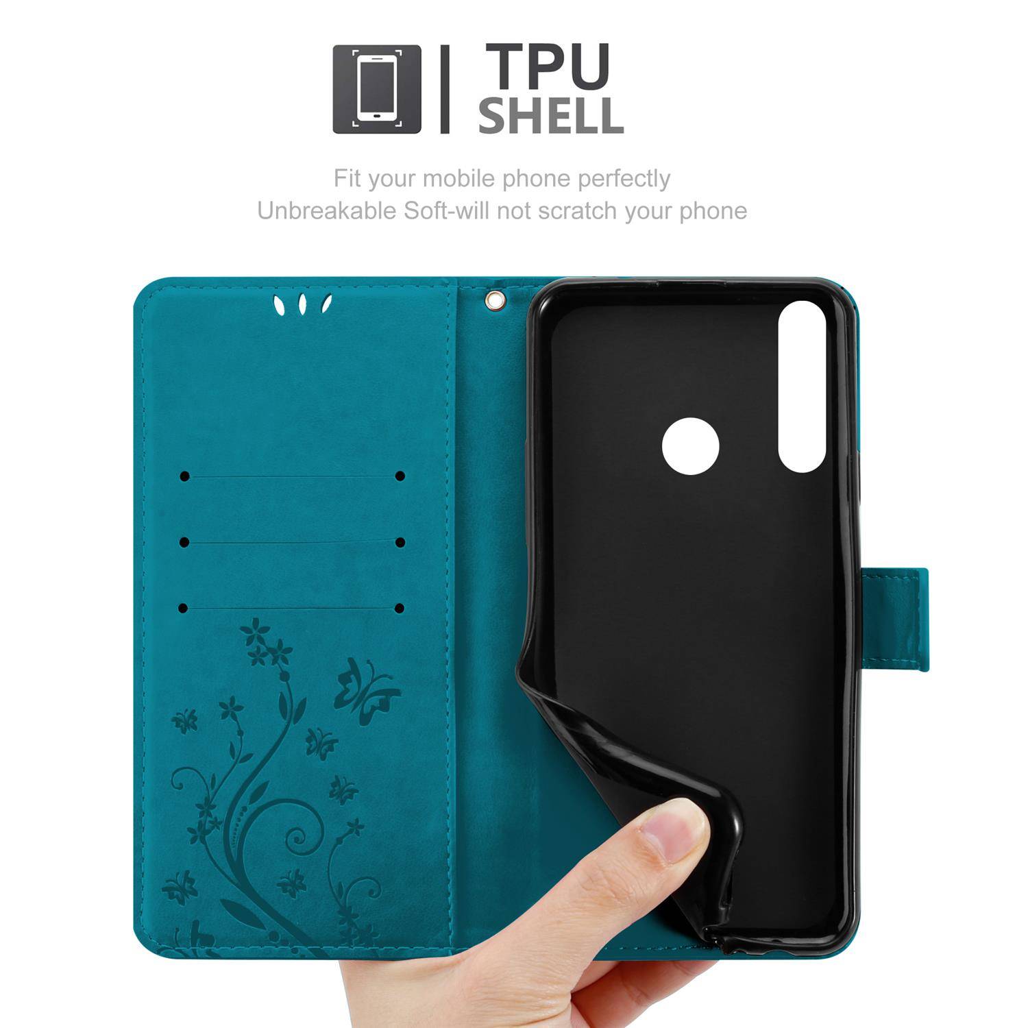 Cadorabo Hülle für Huawei Y6P Schutz Hülle in Blau Schutzhülle Handy Hülle Etui Case Blumen Flower