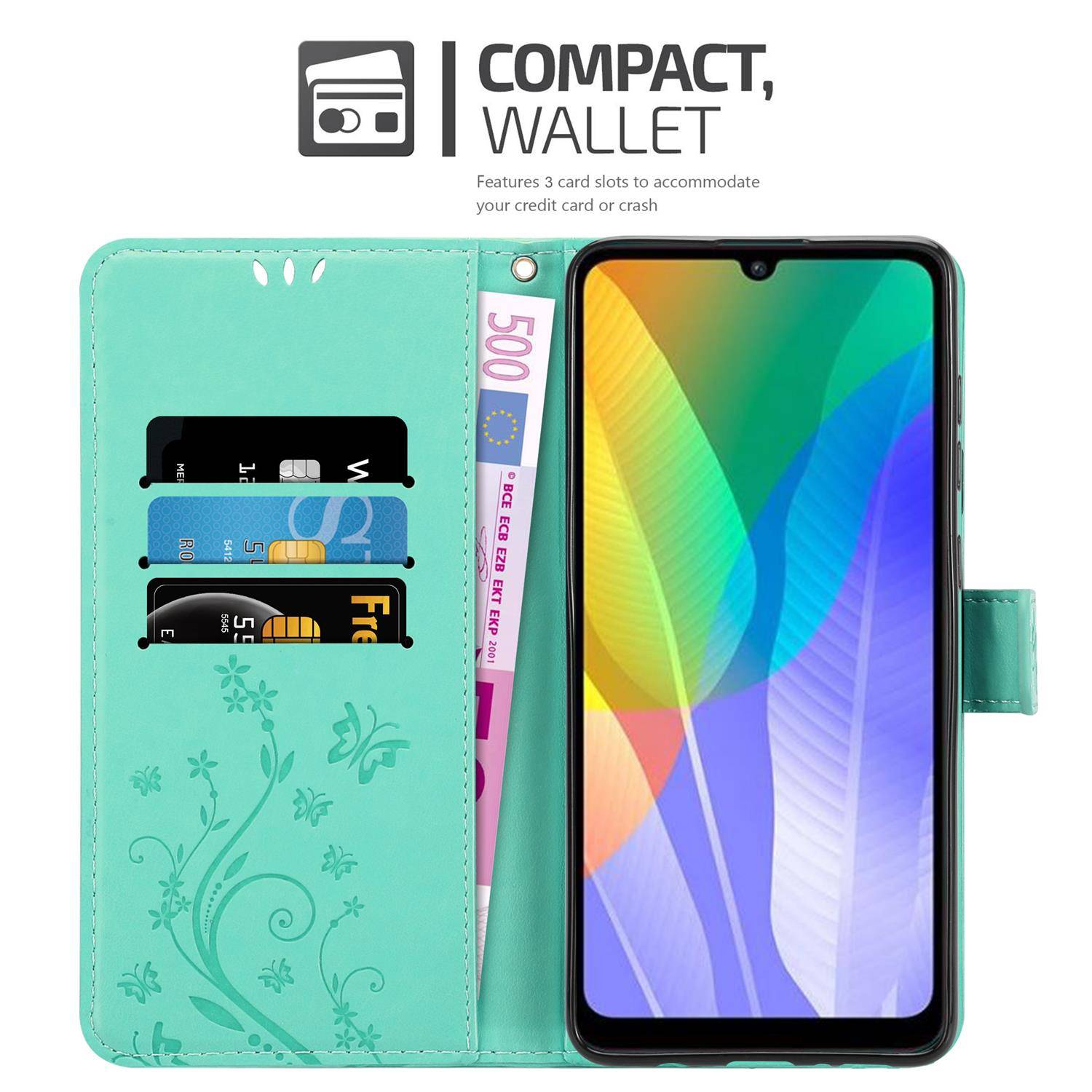Cadorabo Hülle für Huawei Y6P Schutz Hülle in Türkis Schutzhülle Handy Hülle Etui Case Blumen Flower