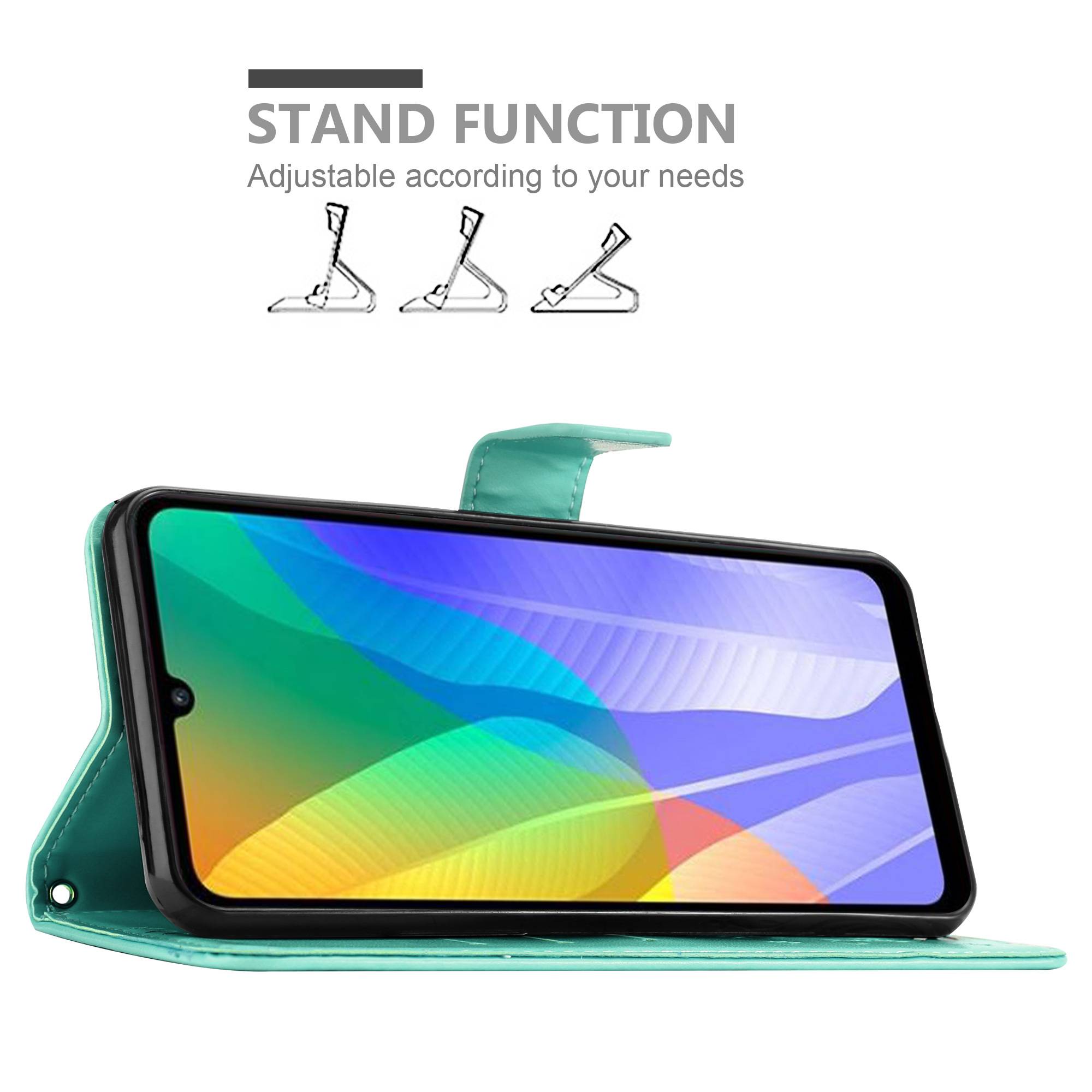 Cadorabo Hülle für Huawei Y6P Schutz Hülle in Türkis Schutzhülle Handy Hülle Etui Case Blumen Flower