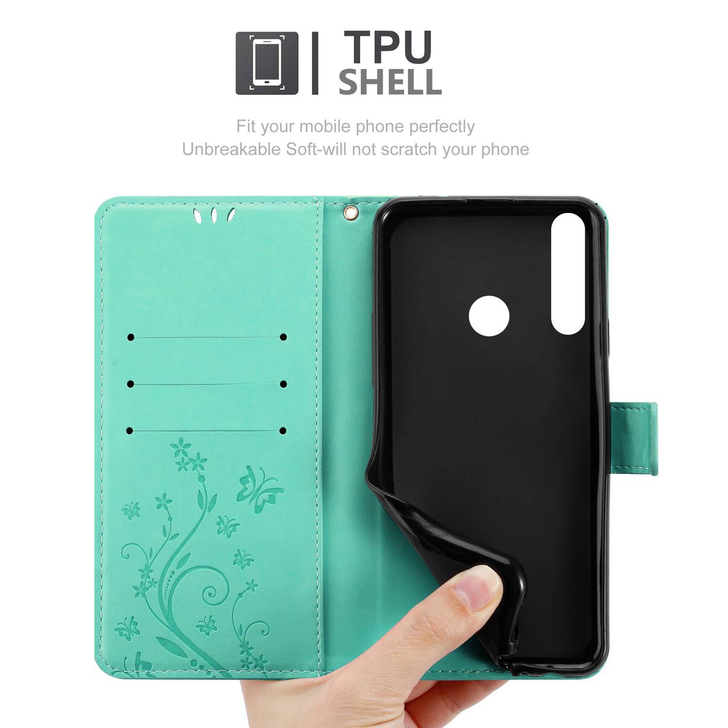 Cadorabo Hülle für Huawei Y6P Schutz Hülle in Türkis Schutzhülle Handy Hülle Etui Case Blumen Flower