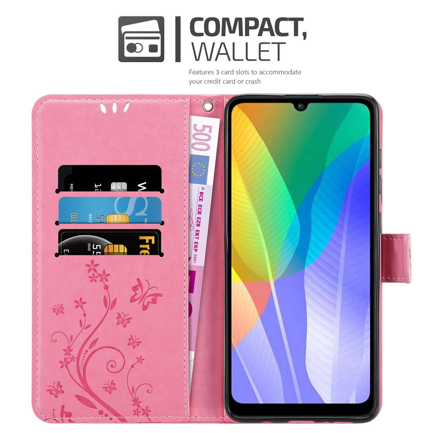 Cadorabo Hülle für Huawei Y6P Schutz Hülle in Rosa Schutzhülle Handy Hülle Etui Case Blumen Flower