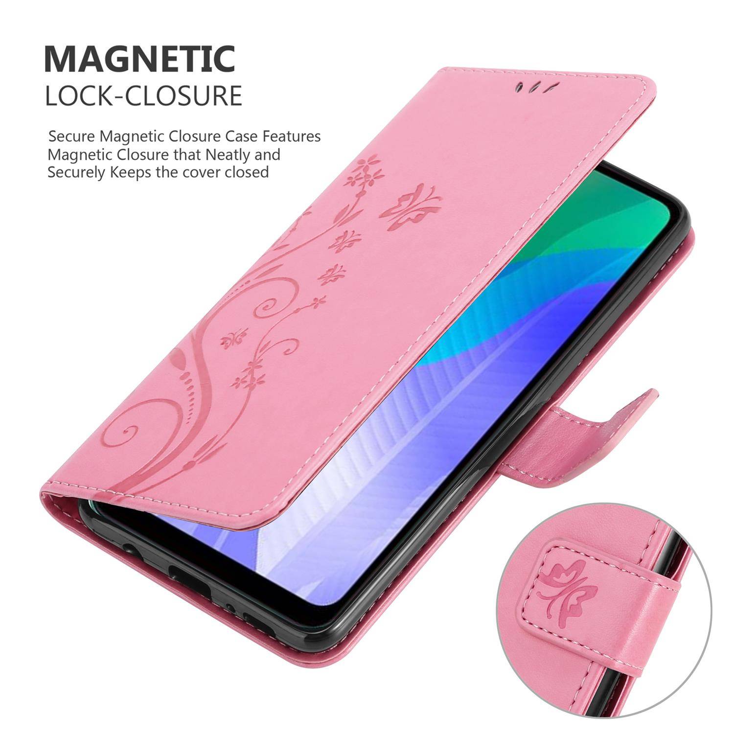 Cadorabo Hülle für Huawei Y6P Schutz Hülle in Rosa Schutzhülle Handy Hülle Etui Case Blumen Flower