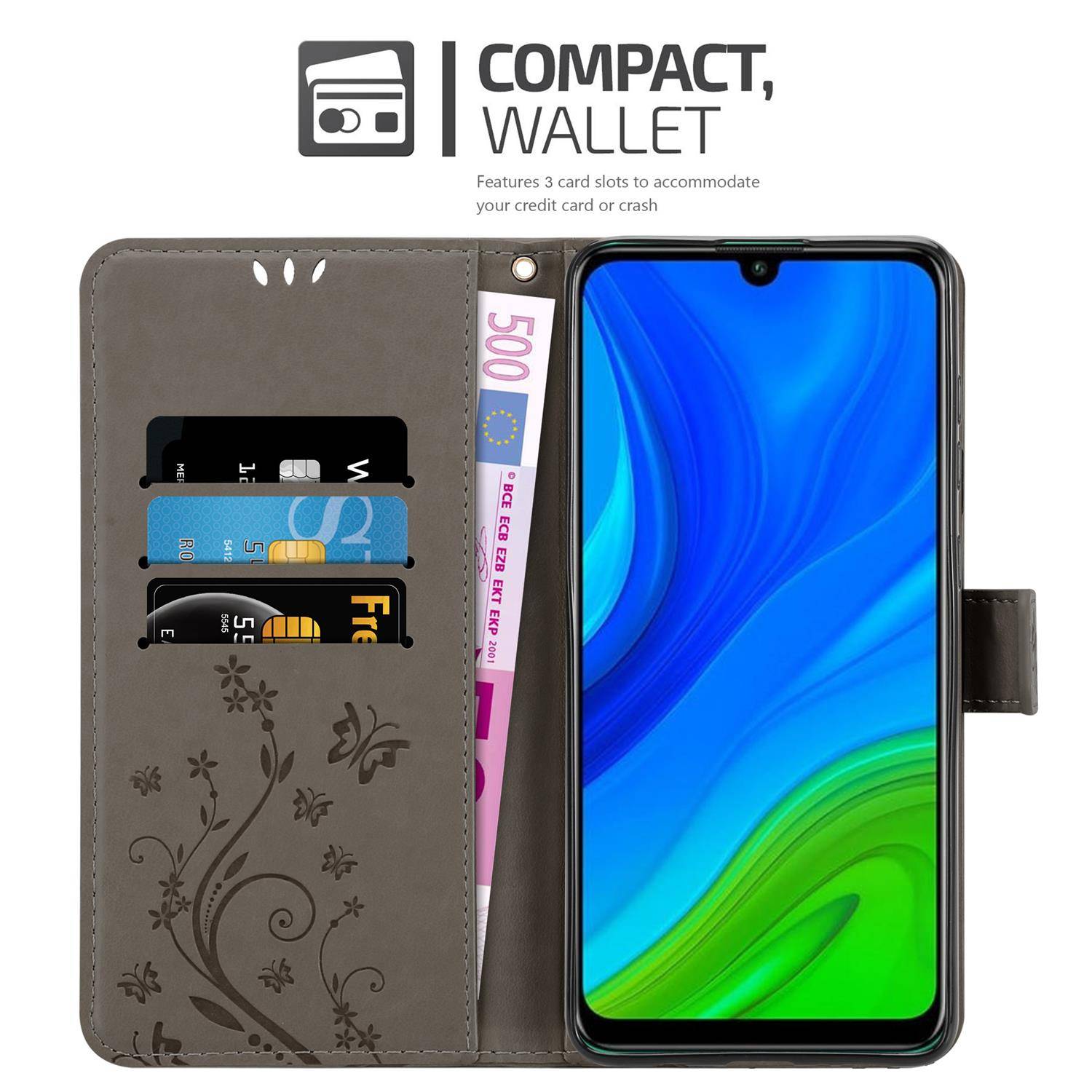 Cadorabo Hülle für Huawei P SMART 2020 Schutz Hülle in Grau Schutzhülle Handy Hülle Etui Case Blumen Flower