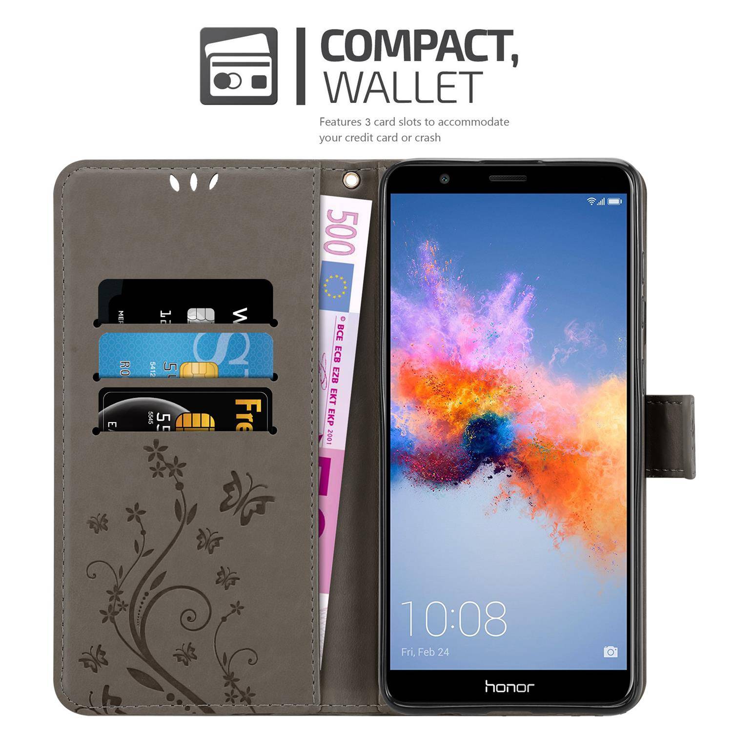Cadorabo Hülle für Honor 7X Schutz Hülle in Grau Schutzhülle Handy Hülle Etui Case Blumen Flower