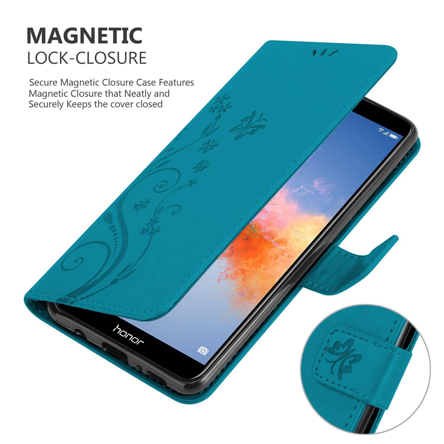 Cadorabo Hülle für Honor 7X Schutz Hülle in Blau Schutzhülle Handy Hülle Etui Case Blumen Flower