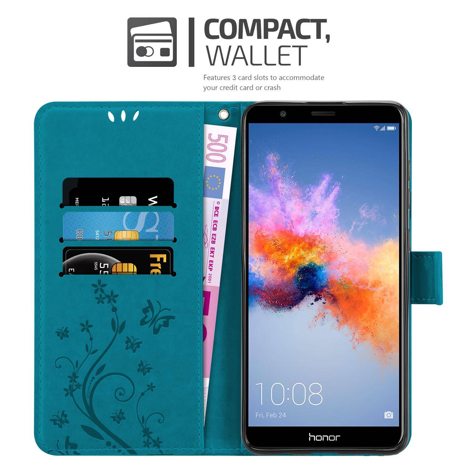 Cadorabo Hülle für Honor 7X Schutz Hülle in Blau Schutzhülle Handy Hülle Etui Case Blumen Flower