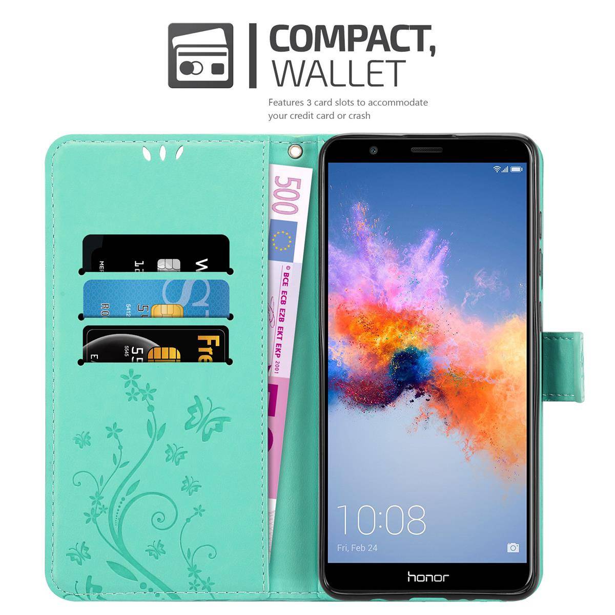 Cadorabo Hülle für Honor 7X Schutz Hülle in Türkis Schutzhülle Handy Hülle Etui Case Blumen Flower