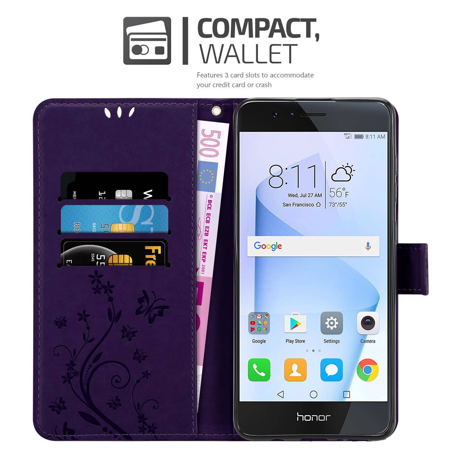 Cadorabo Hülle für Honor 8 / 8 PREMIUM Schutz Hülle in Lila Schutzhülle Handy Hülle Etui Case Blumen Flower